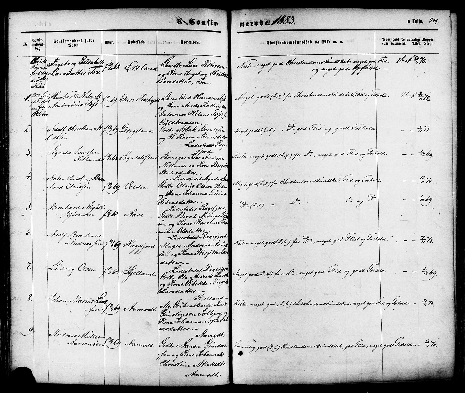 Sokndal sokneprestkontor, AV/SAST-A-101808: Parish register (official) no. A 10, 1874-1886, p. 209