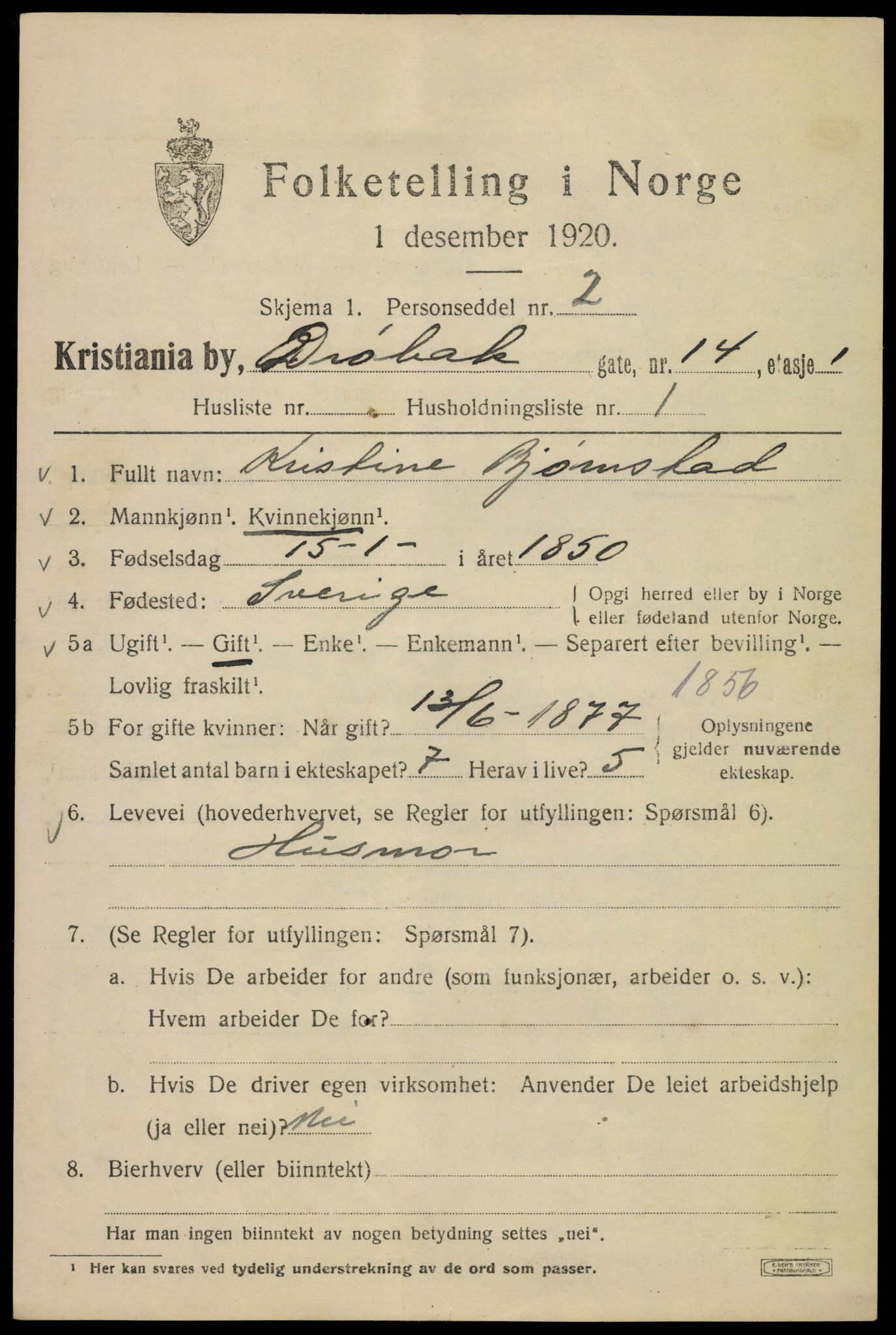 SAO, 1920 census for Kristiania, 1920, p. 203869