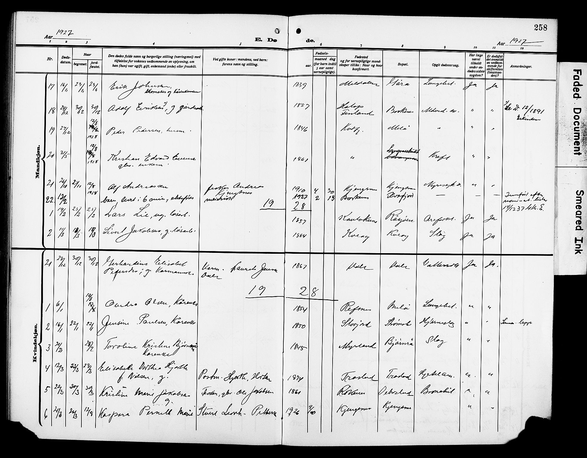 Kvæfjord sokneprestkontor, AV/SATØ-S-1323/G/Ga/Gab/L0006klokker: Parish register (copy) no. 6, 1912-1931, p. 258