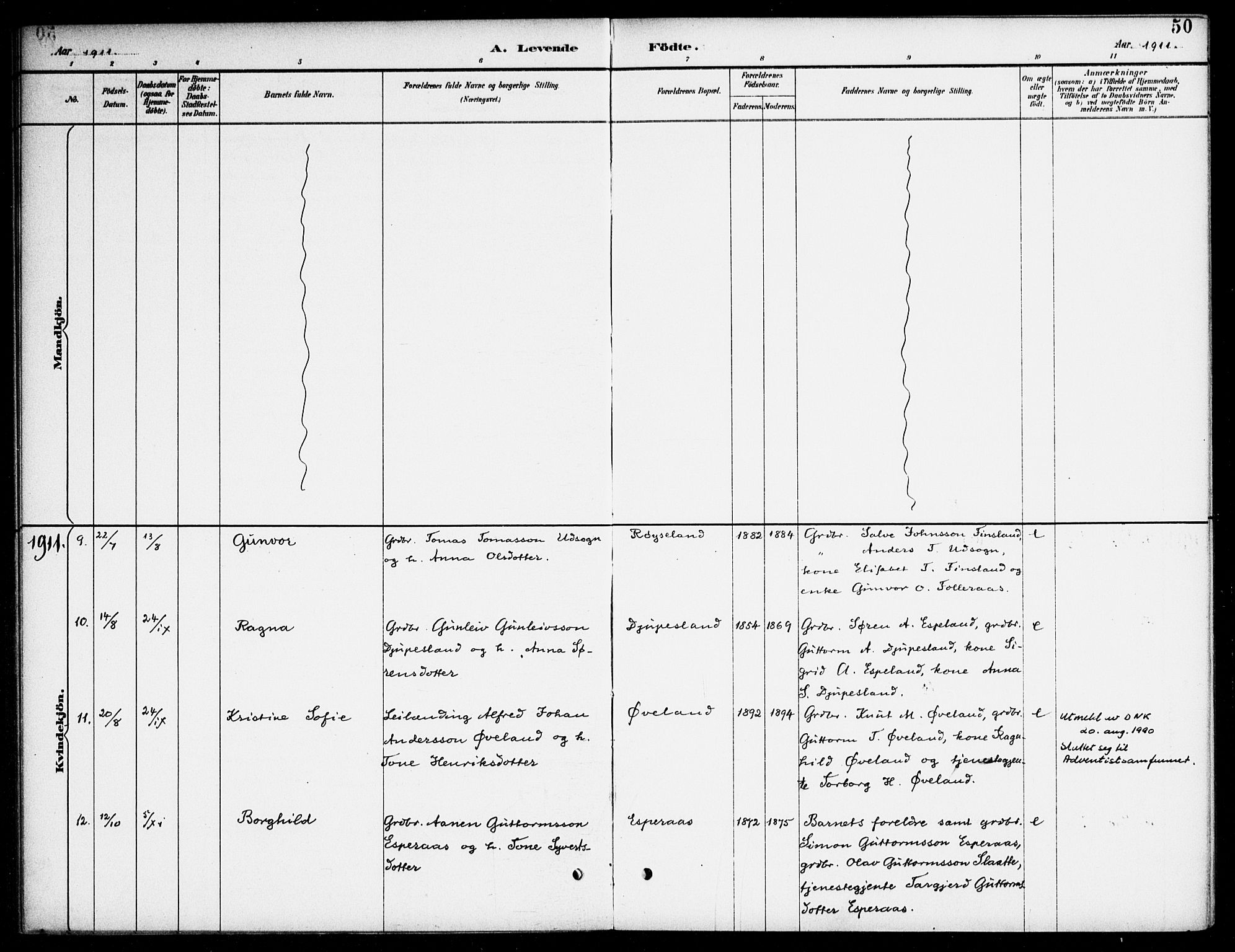 Bjelland sokneprestkontor, AV/SAK-1111-0005/F/Fa/Fab/L0004: Parish register (official) no. A 4, 1887-1920, p. 50