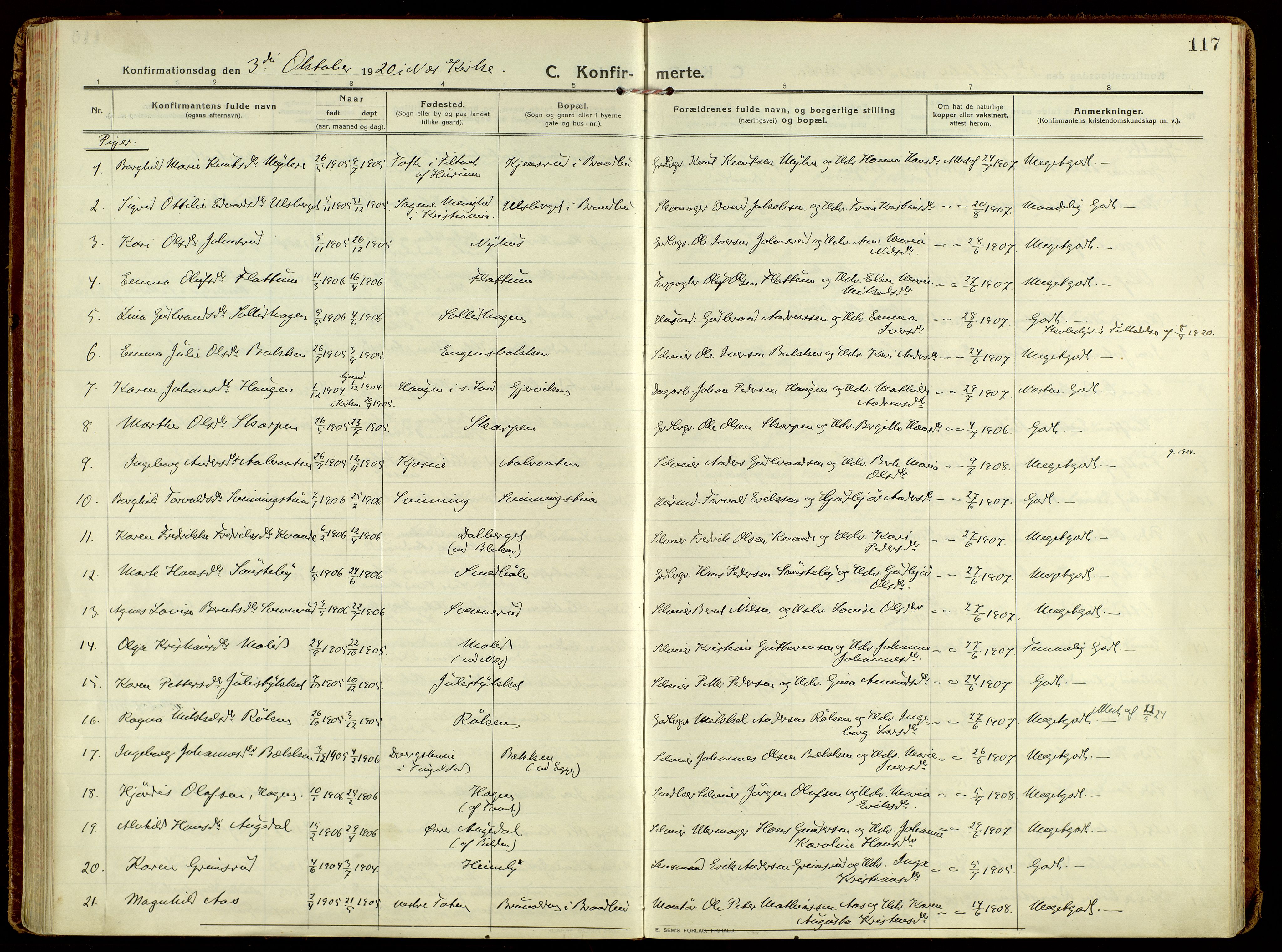 Brandbu prestekontor, AV/SAH-PREST-114/H/Ha/Haa/L0004: Parish register (official) no. 4, 1913-1923, p. 117