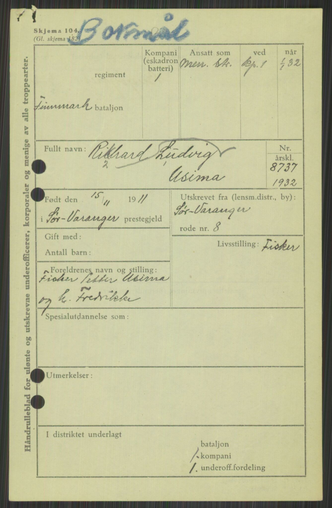 Forsvaret, Varanger bataljon, AV/RA-RAFA-2258/1/D/L0440: Rulleblad for fødte 1892-1912, 1892-1912, p. 1483