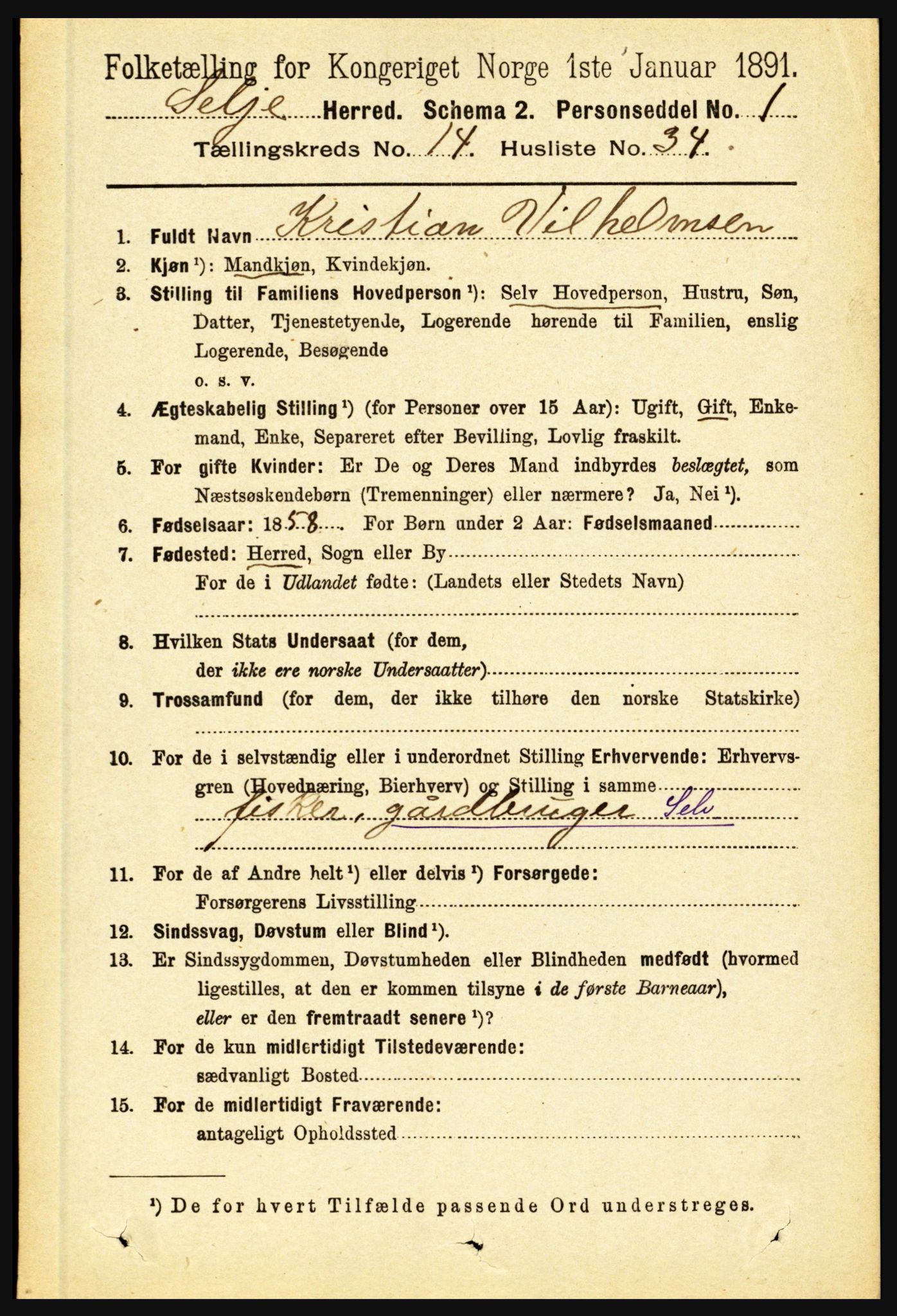 RA, 1891 census for 1441 Selje, 1891, p. 4637