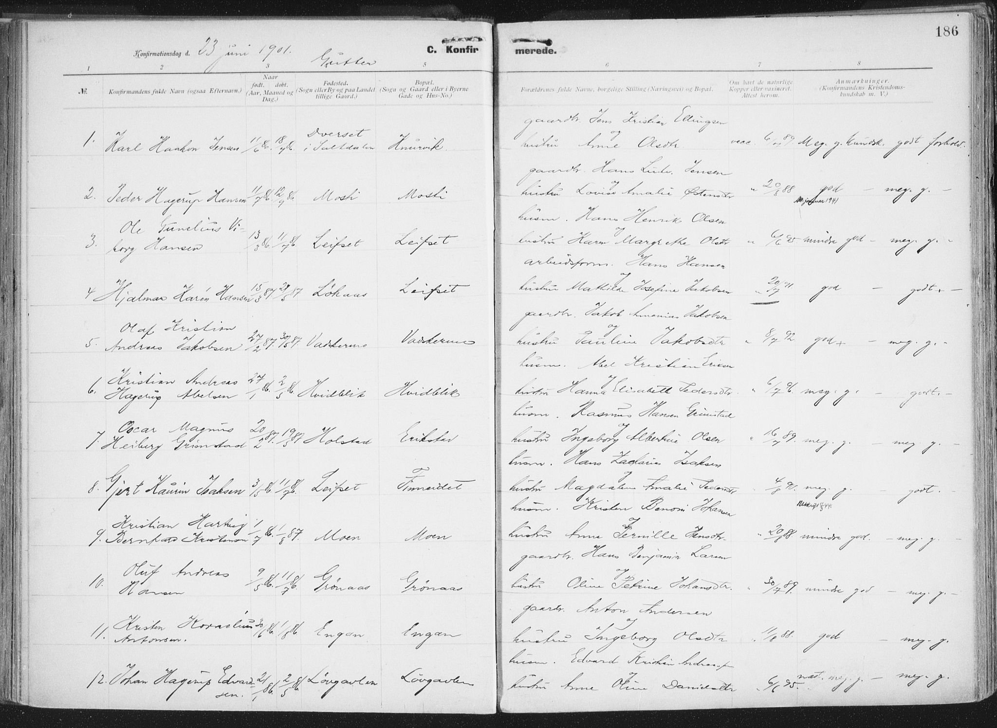 Ministerialprotokoller, klokkerbøker og fødselsregistre - Nordland, SAT/A-1459/849/L0696: Parish register (official) no. 849A08, 1898-1910, p. 186