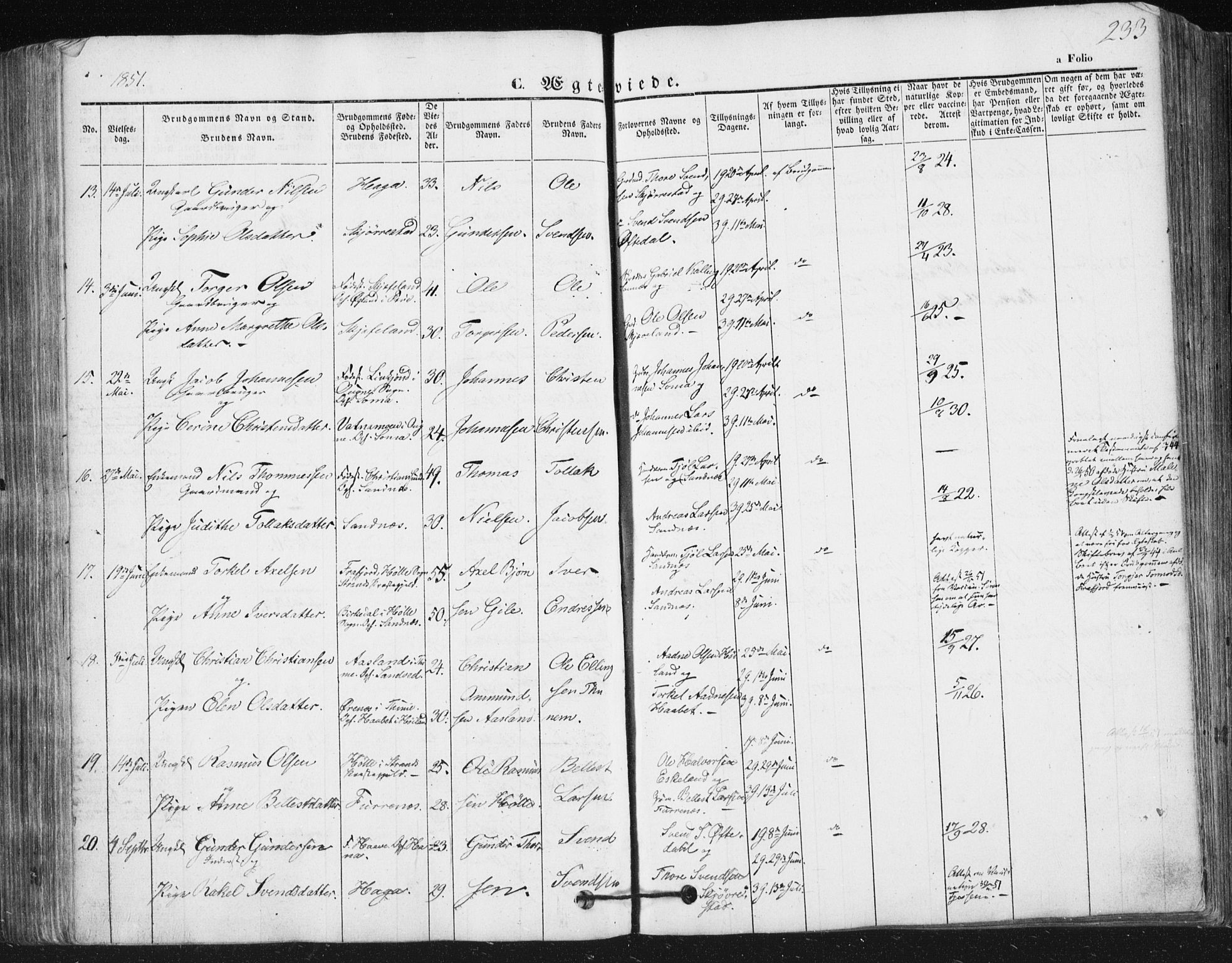 Høyland sokneprestkontor, SAST/A-101799/001/30BA/L0008: Parish register (official) no. A 8, 1841-1856, p. 233