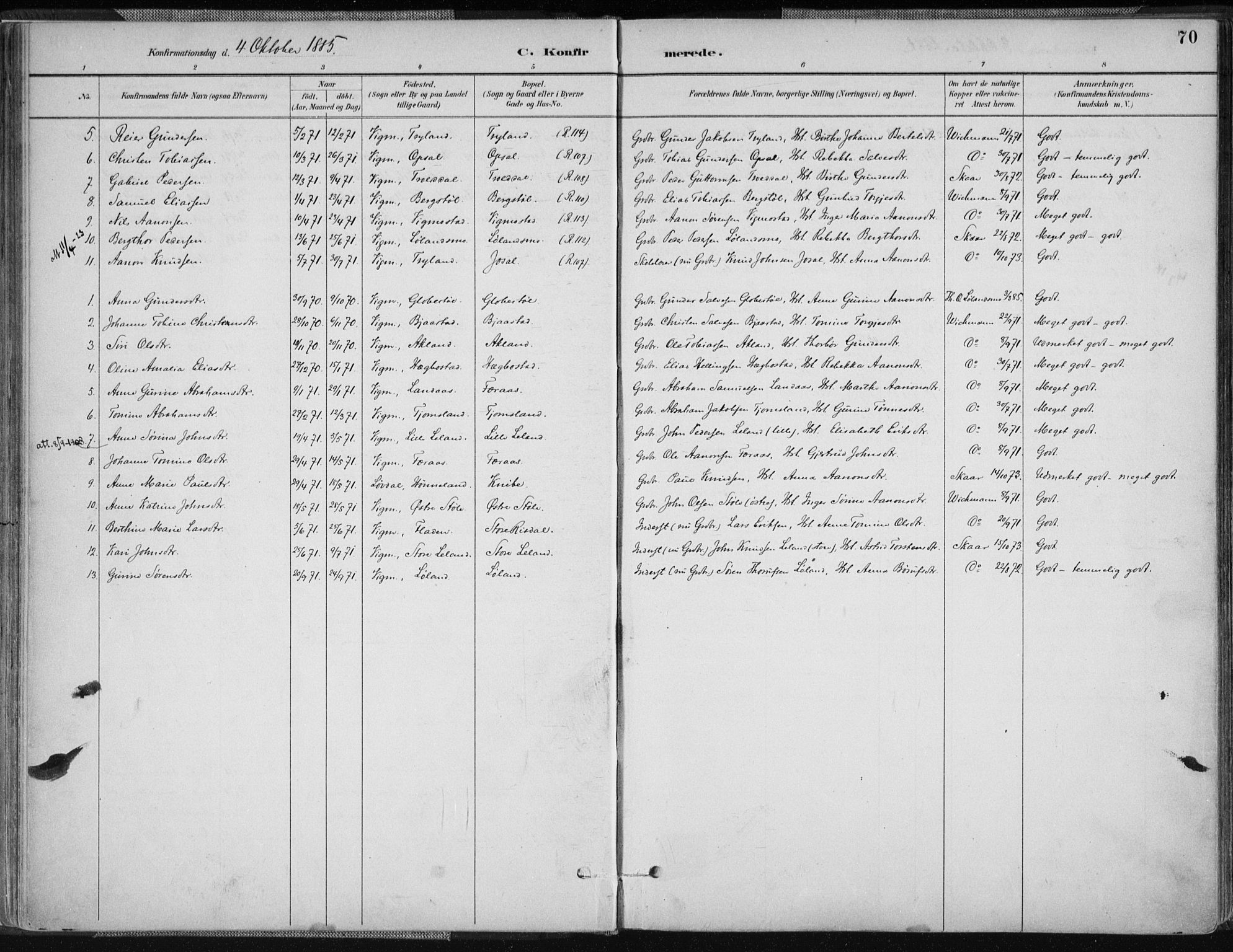 Nord-Audnedal sokneprestkontor, AV/SAK-1111-0032/F/Fa/Fab/L0003: Parish register (official) no. A 3, 1882-1900, p. 70