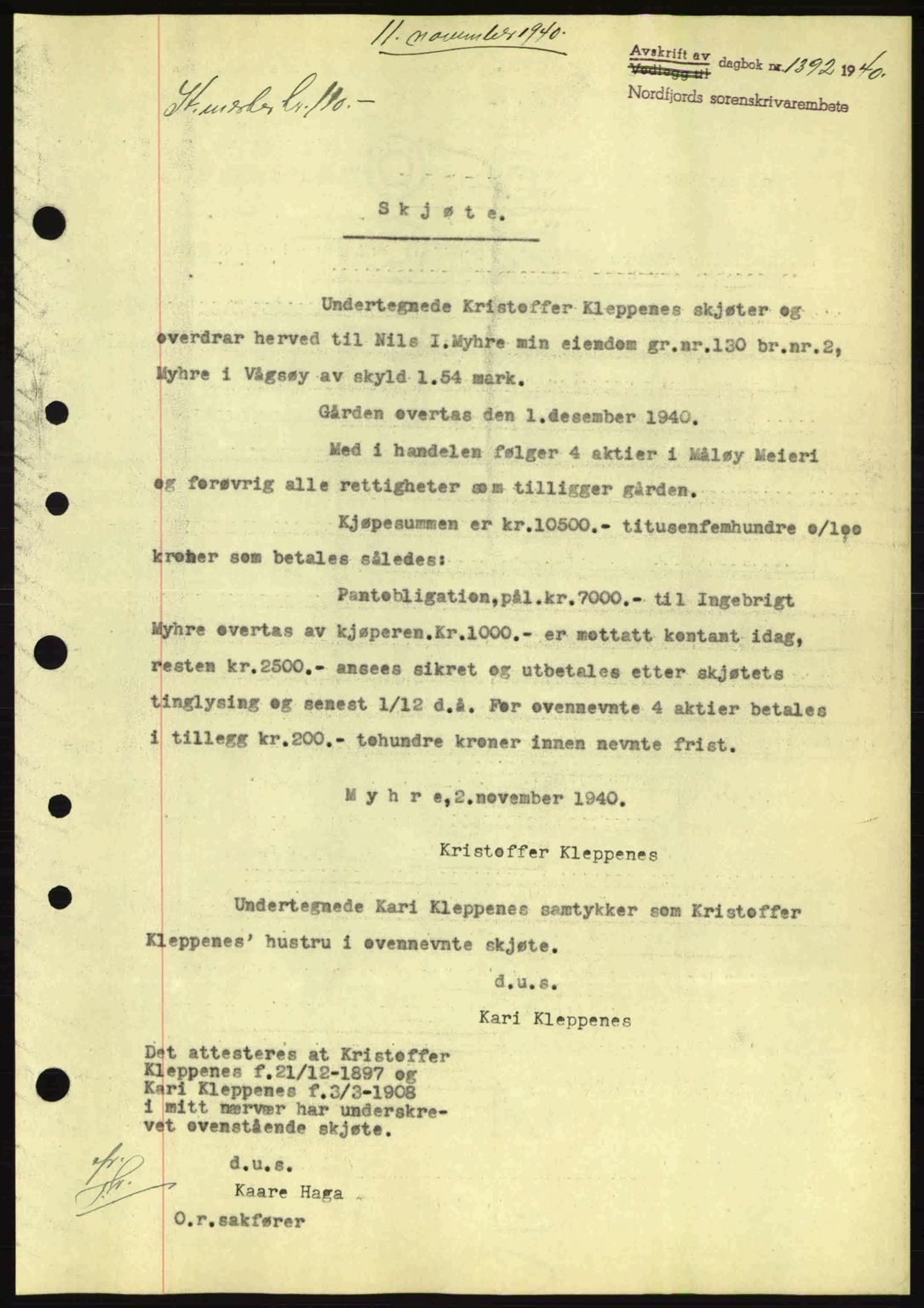 Nordfjord sorenskriveri, AV/SAB-A-2801/02/02b/02bj/L0006: Mortgage book no. A6, 1940-1941, Diary no: : 1392/1940