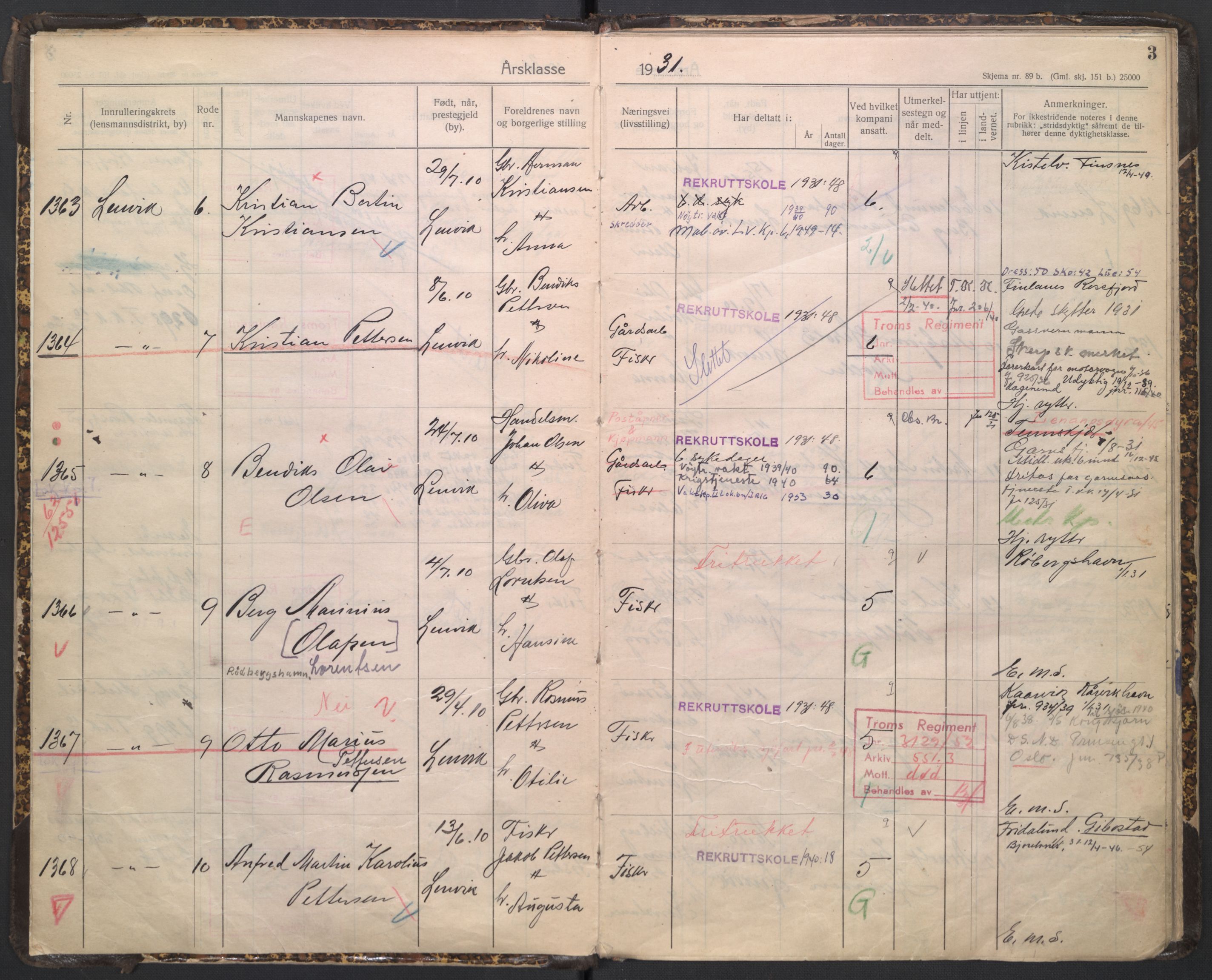 Forsvaret, Troms infanteriregiment nr. 16, AV/RA-RAFA-3146/P/Pa/L0005/0006: Ruller / Rulle for Bardu bataljons menige mannskaper, årsklasse 1931, 1931, p. 3