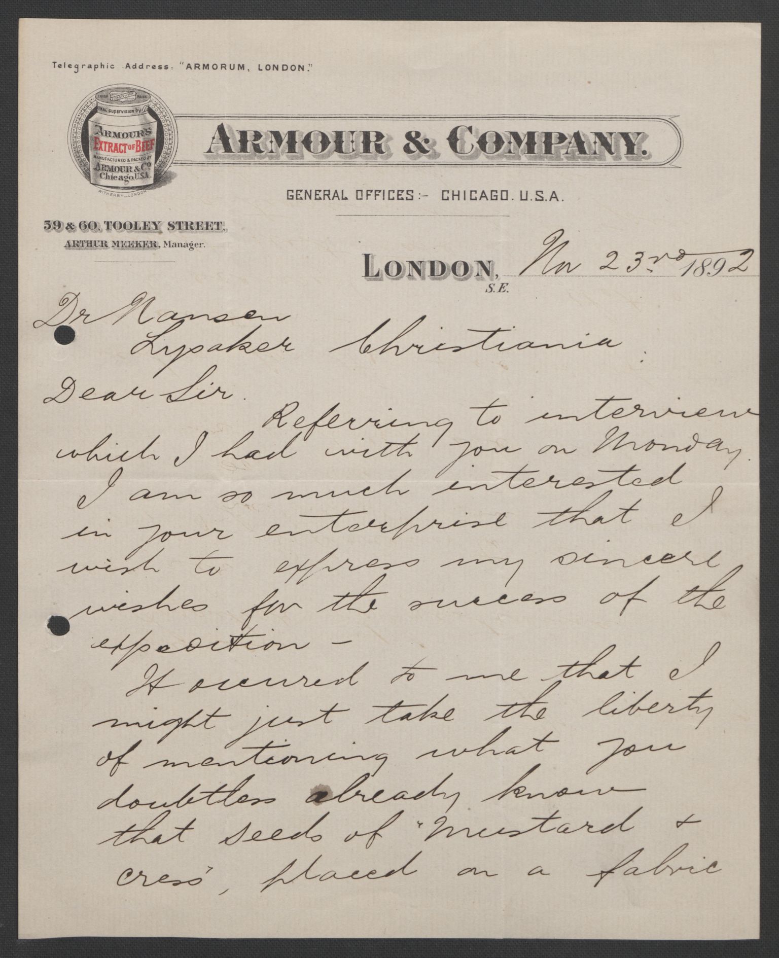 Arbeidskomitéen for Fridtjof Nansens polarekspedisjon, AV/RA-PA-0061/D/L0004: Innk. brev og telegrammer vedr. proviant og utrustning, 1892-1893, p. 16