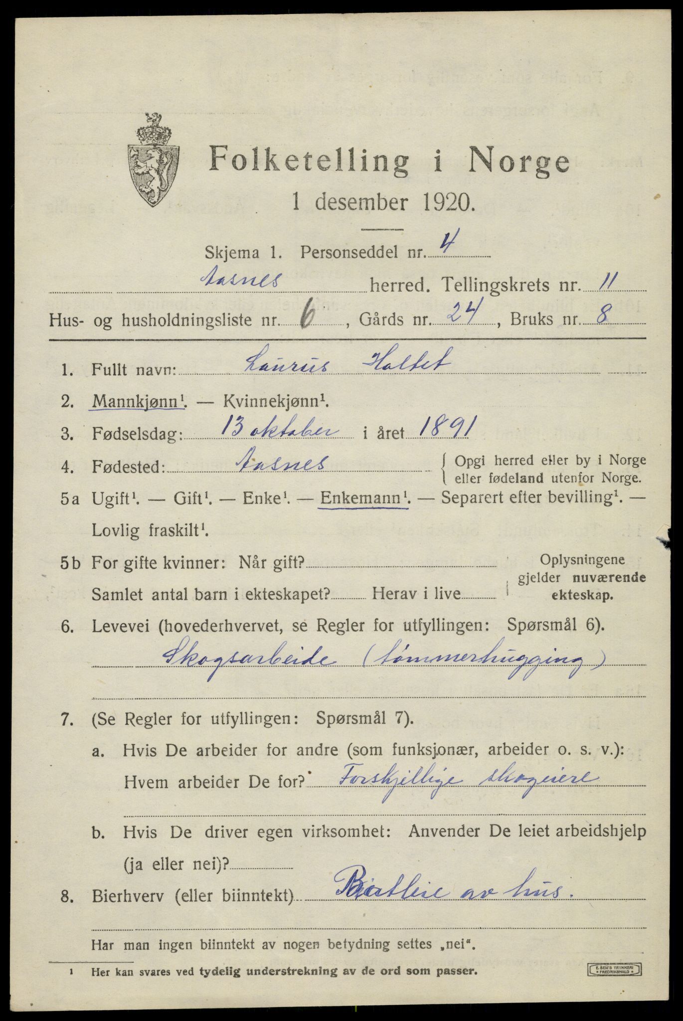 SAH, 1920 census for Åsnes, 1920, p. 11522