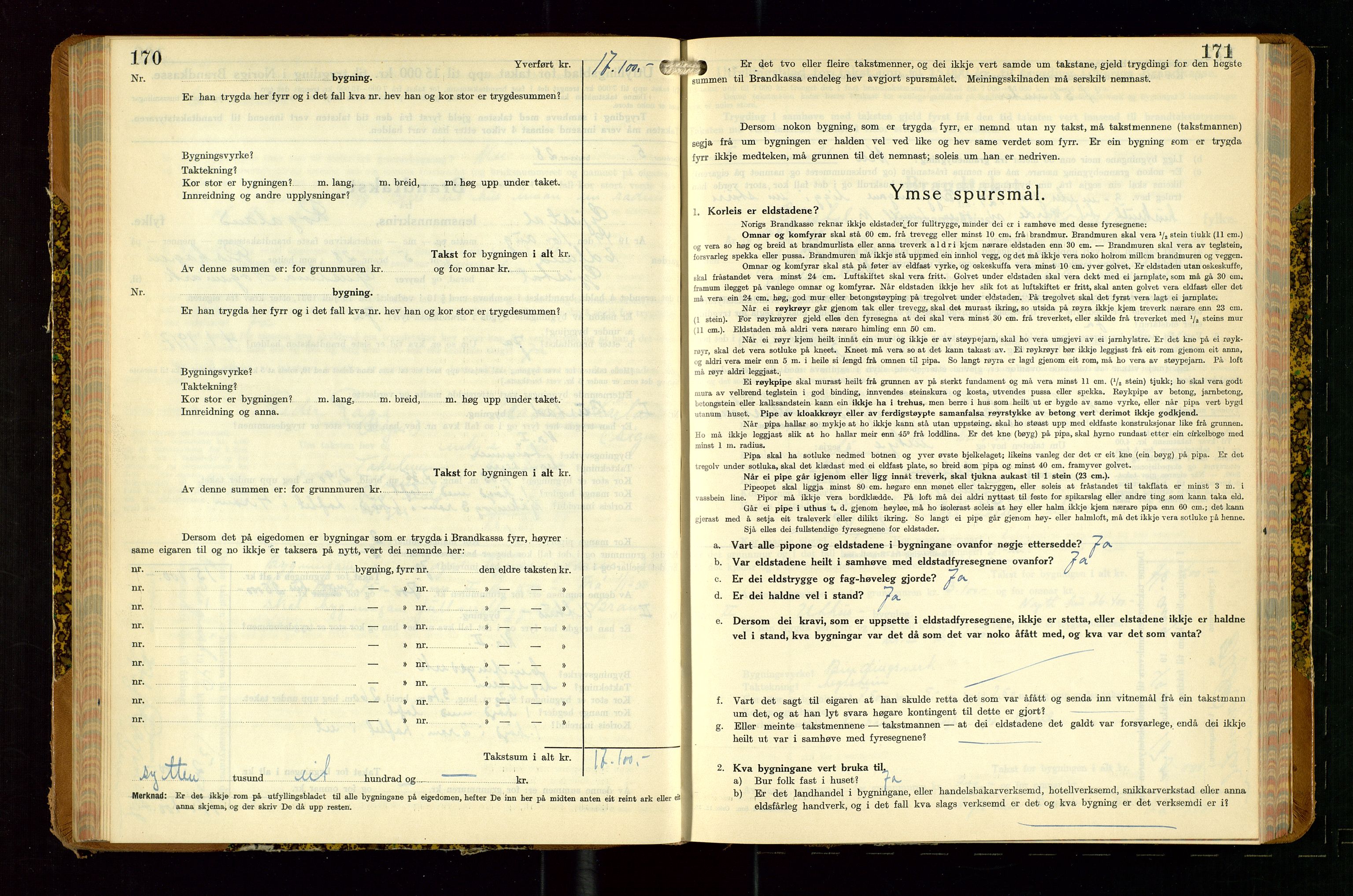 Gjesdal lensmannskontor, SAST/A-100441/Go/L0008: Branntakstskjemaprotokoll, 1937-1955, p. 170-171