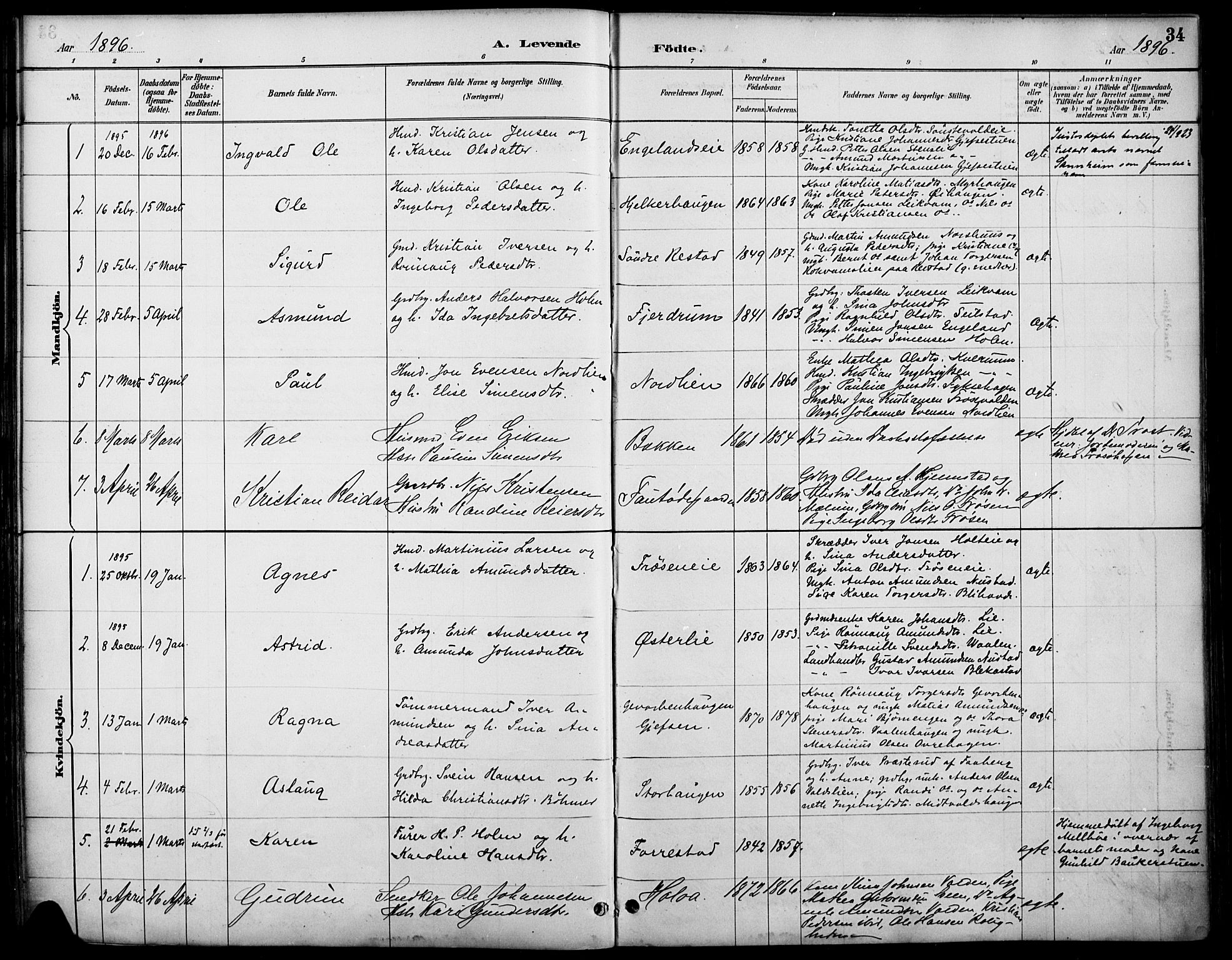 Østre Gausdal prestekontor, SAH/PREST-092/H/Ha/Haa/L0002: Parish register (official) no. 2, 1887-1897, p. 34
