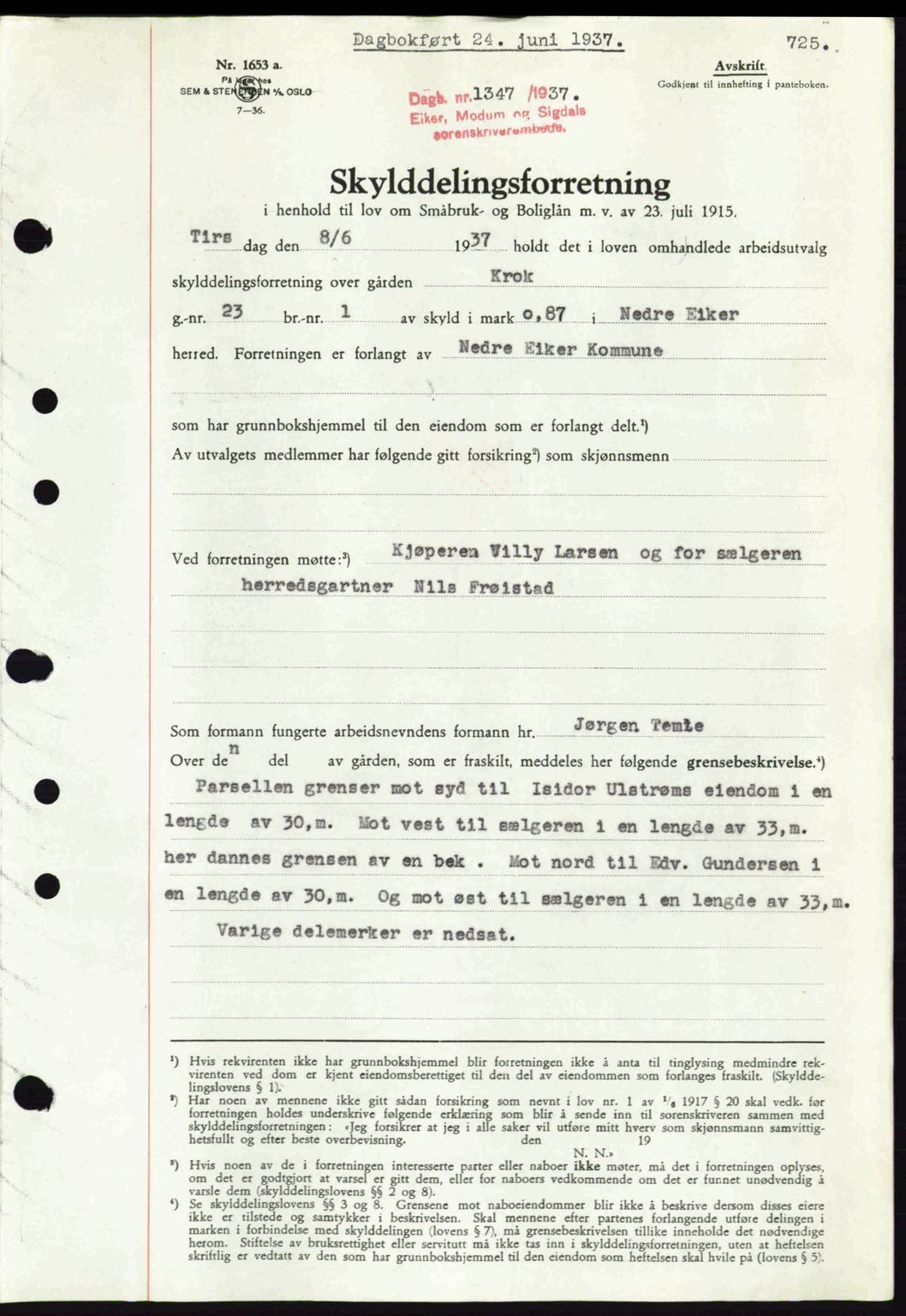 Eiker, Modum og Sigdal sorenskriveri, SAKO/A-123/G/Ga/Gab/L0035: Mortgage book no. A5, 1937-1937, Diary no: : 1347/1937