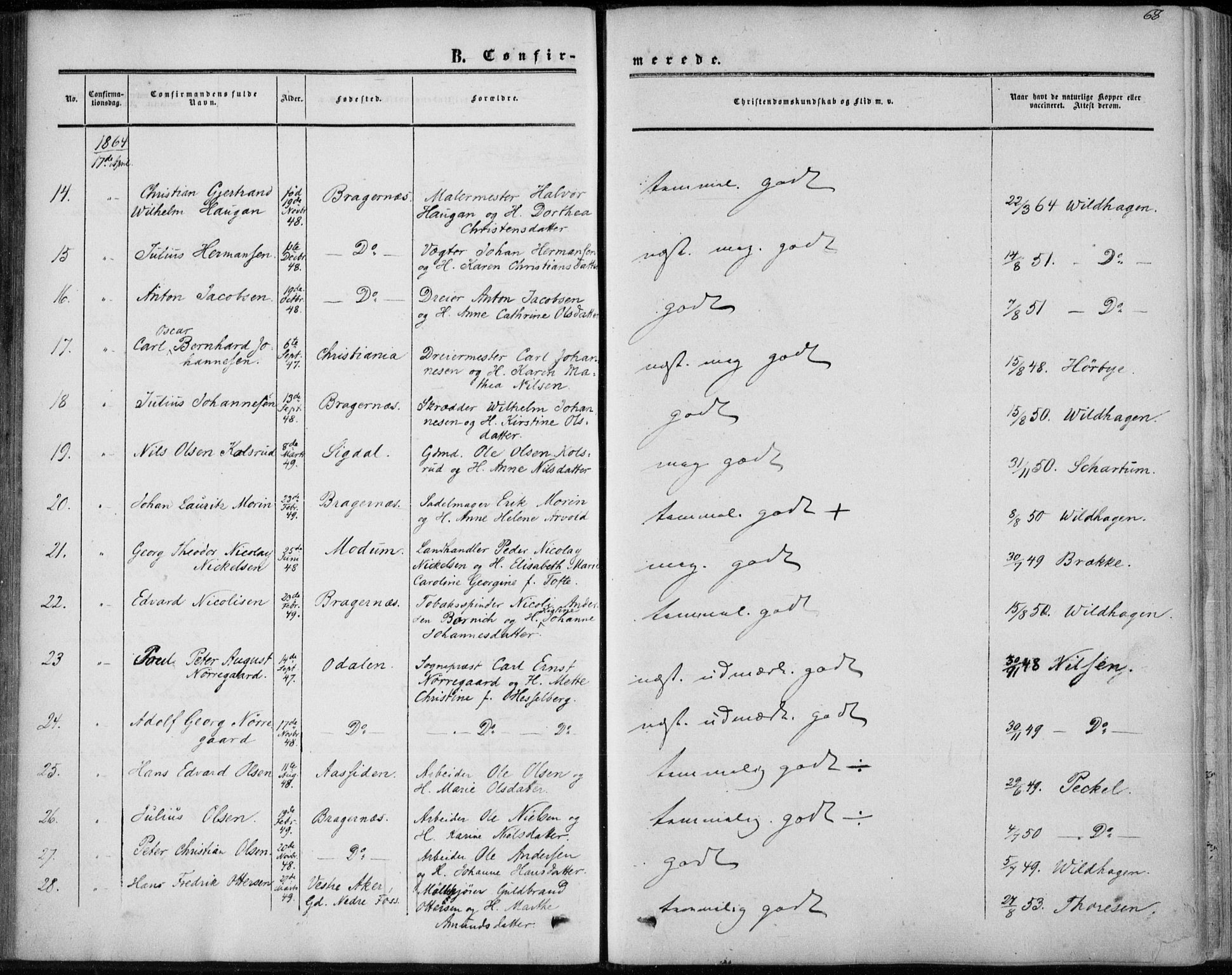 Bragernes kirkebøker, AV/SAKO-A-6/F/Fc/L0002: Parish register (official) no. III 2, 1854-1865, p. 68