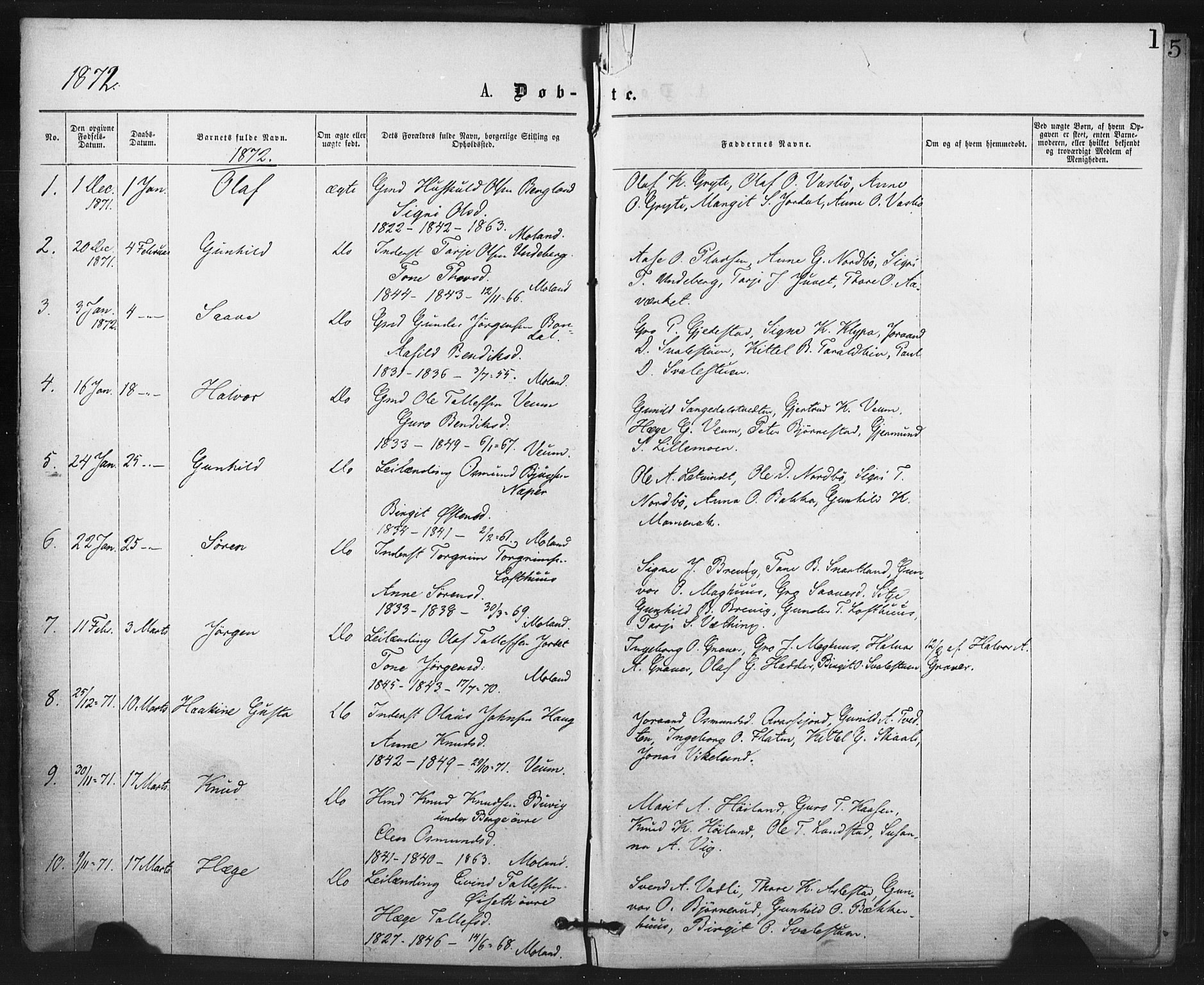 Fyresdal kirkebøker, SAKO/A-263/F/Fa/L0006: Parish register (official) no. I 6, 1872-1886, p. 1