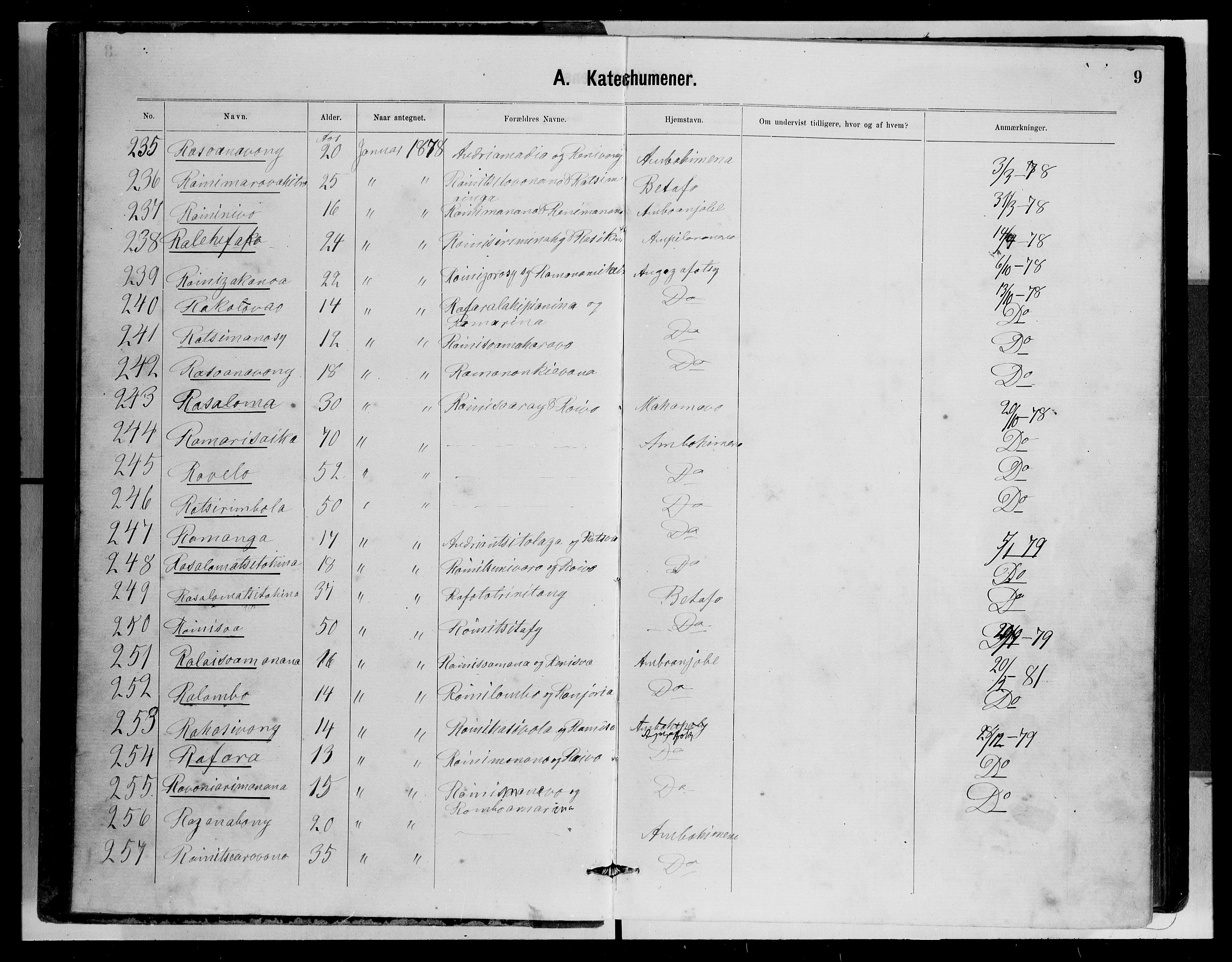 Archives FLM/NMS, Madagaskar, VID/MA-A-1163/D/Db/L0269: Parish register (official) no. 1, 1867-1884, p. 9