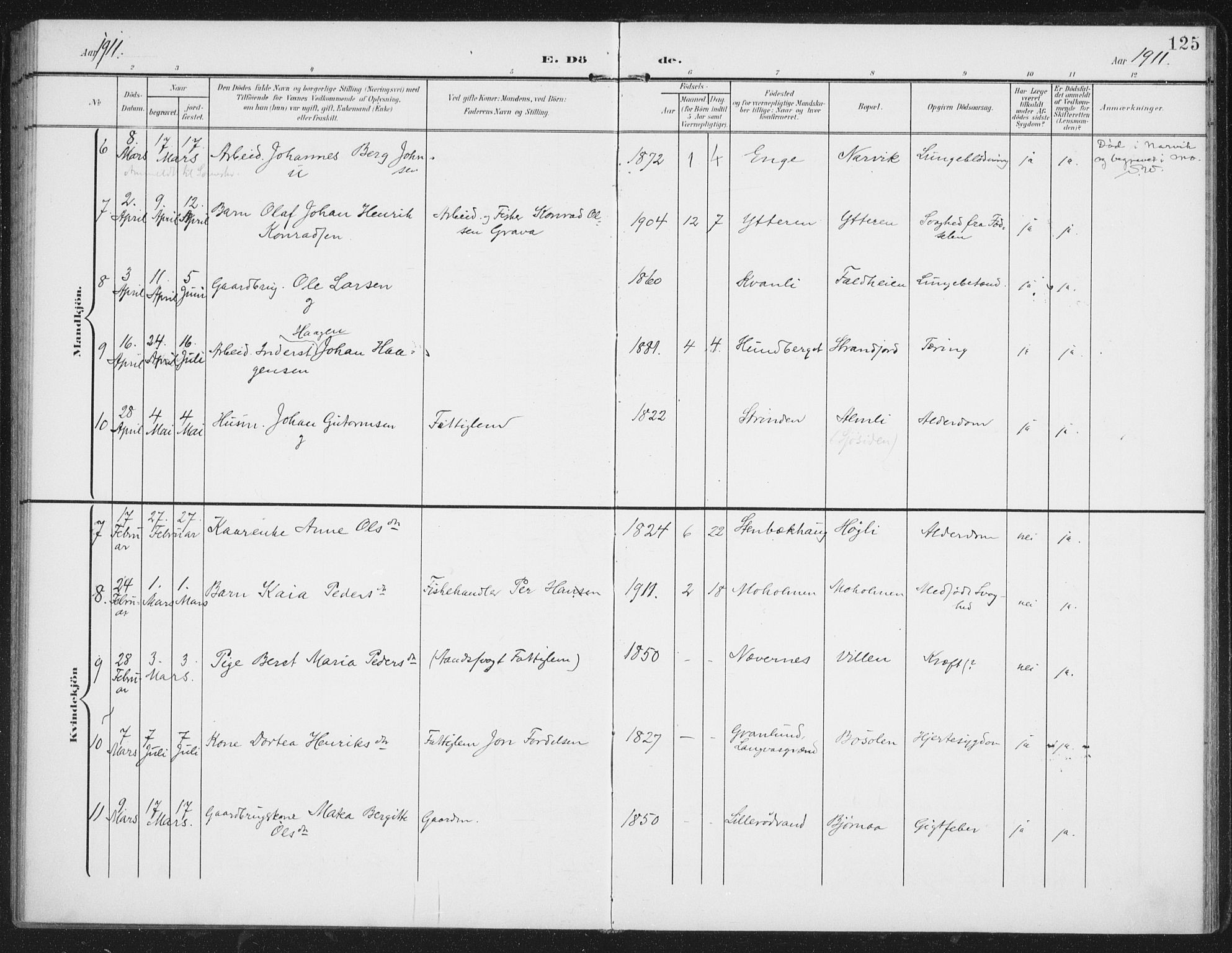 Ministerialprotokoller, klokkerbøker og fødselsregistre - Nordland, AV/SAT-A-1459/827/L0403: Parish register (official) no. 827A15, 1903-1912, p. 125