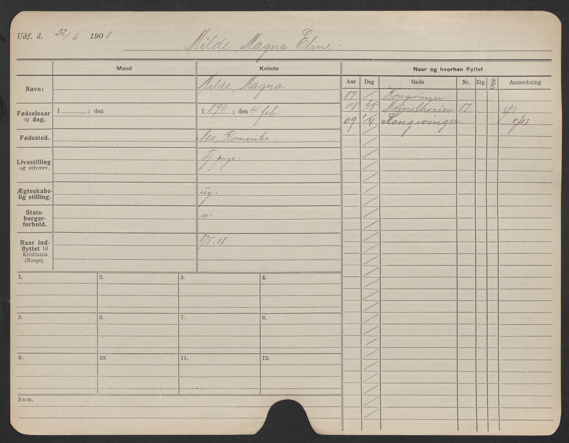 Oslo folkeregister, Registerkort, AV/SAO-A-11715/F/Fa/Fac/L0020: Kvinner, 1906-1914, p. 879a