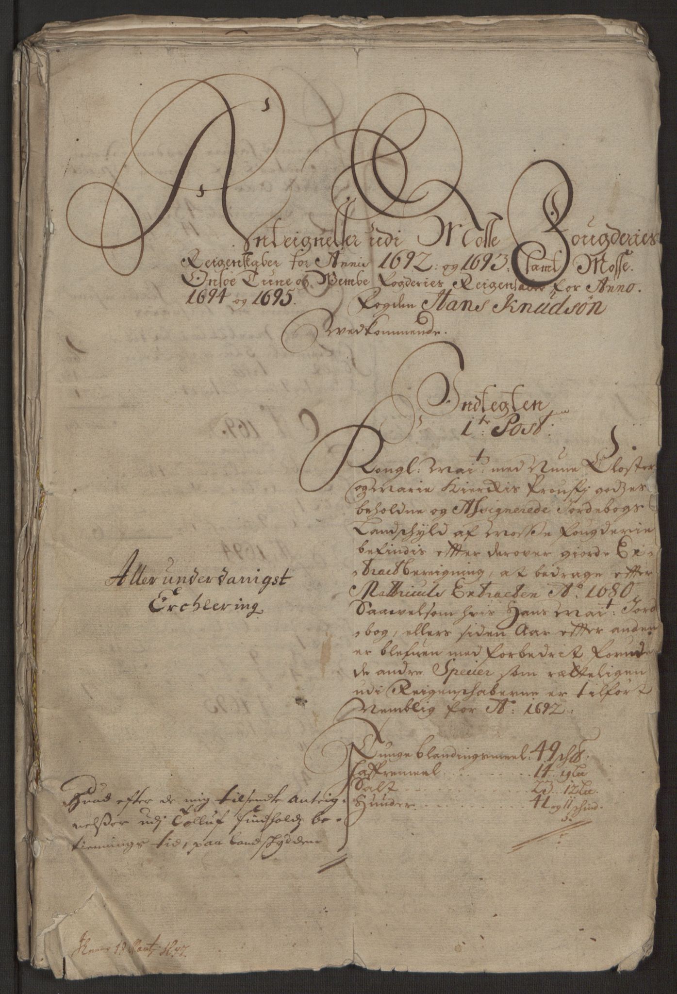 Rentekammeret inntil 1814, Reviderte regnskaper, Fogderegnskap, RA/EA-4092/R04/L0123: Fogderegnskap Moss, Onsøy, Tune, Veme og Åbygge, 1695, p. 2