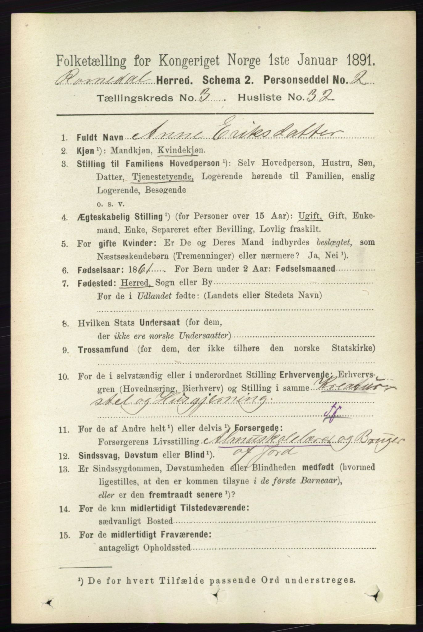 RA, 1891 census for 0416 Romedal, 1891, p. 1595