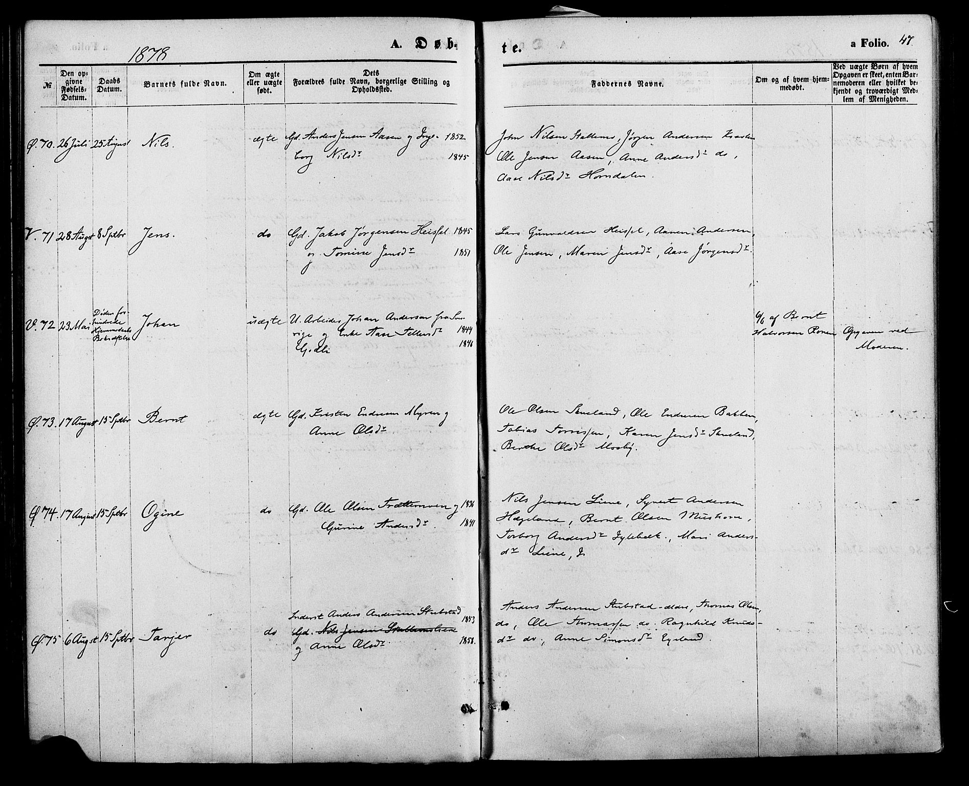 Vennesla sokneprestkontor, AV/SAK-1111-0045/Fa/Fac/L0008: Parish register (official) no. A 8, 1874-1883, p. 47