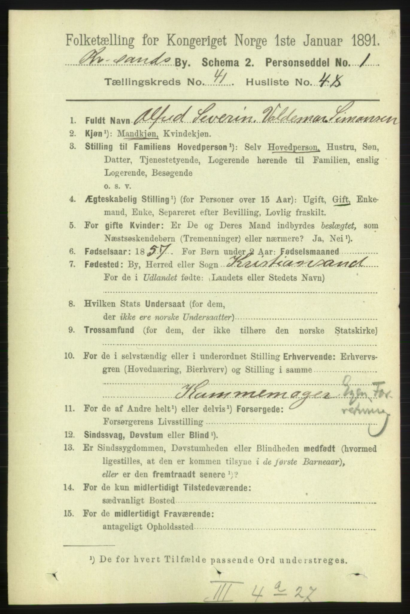 RA, 1891 census for 1001 Kristiansand, 1891, p. 12976