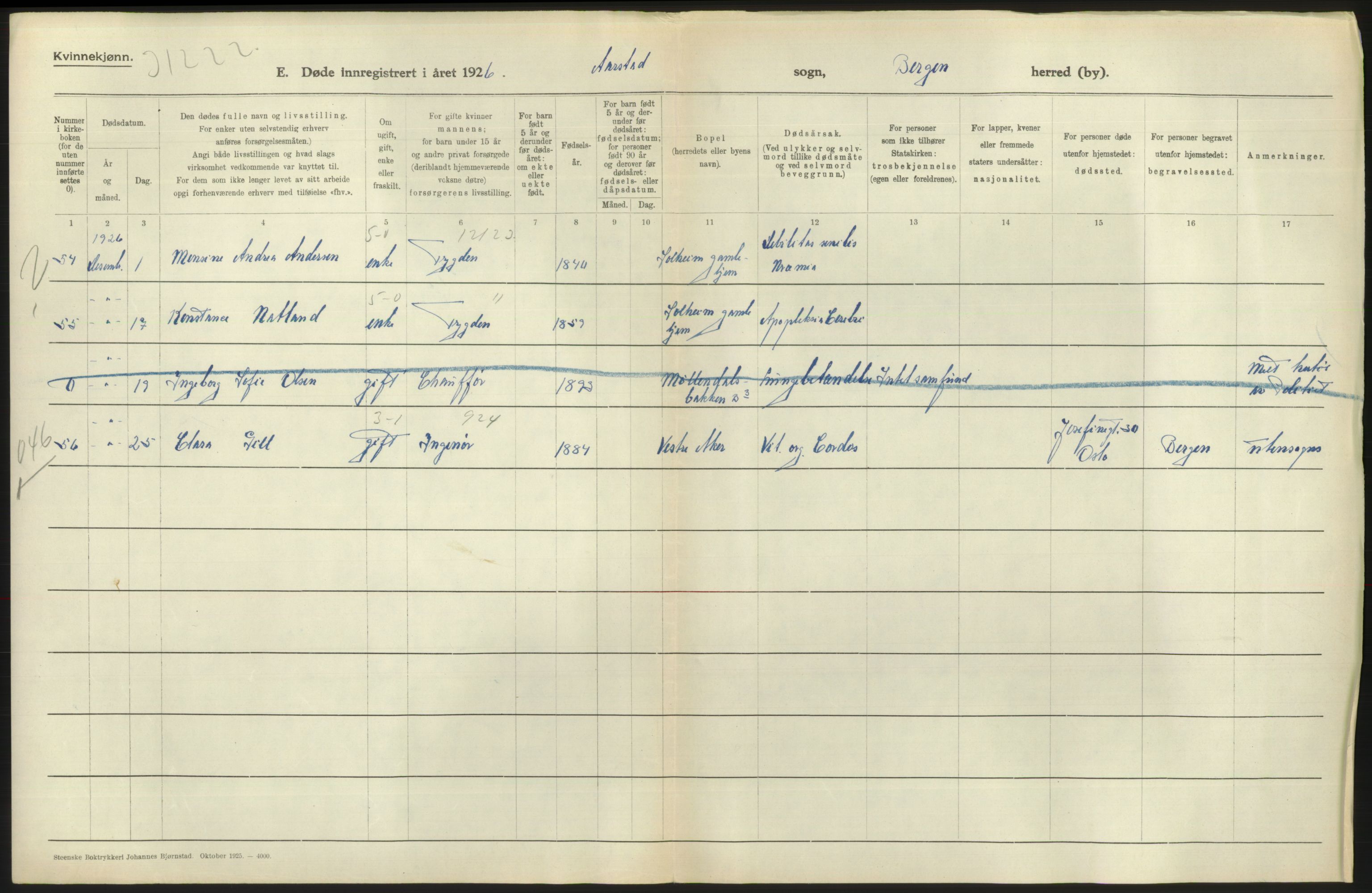 Statistisk sentralbyrå, Sosiodemografiske emner, Befolkning, RA/S-2228/D/Df/Dfc/Dfcf/L0028: Bergen: Gifte, døde, dødfødte., 1926, p. 506