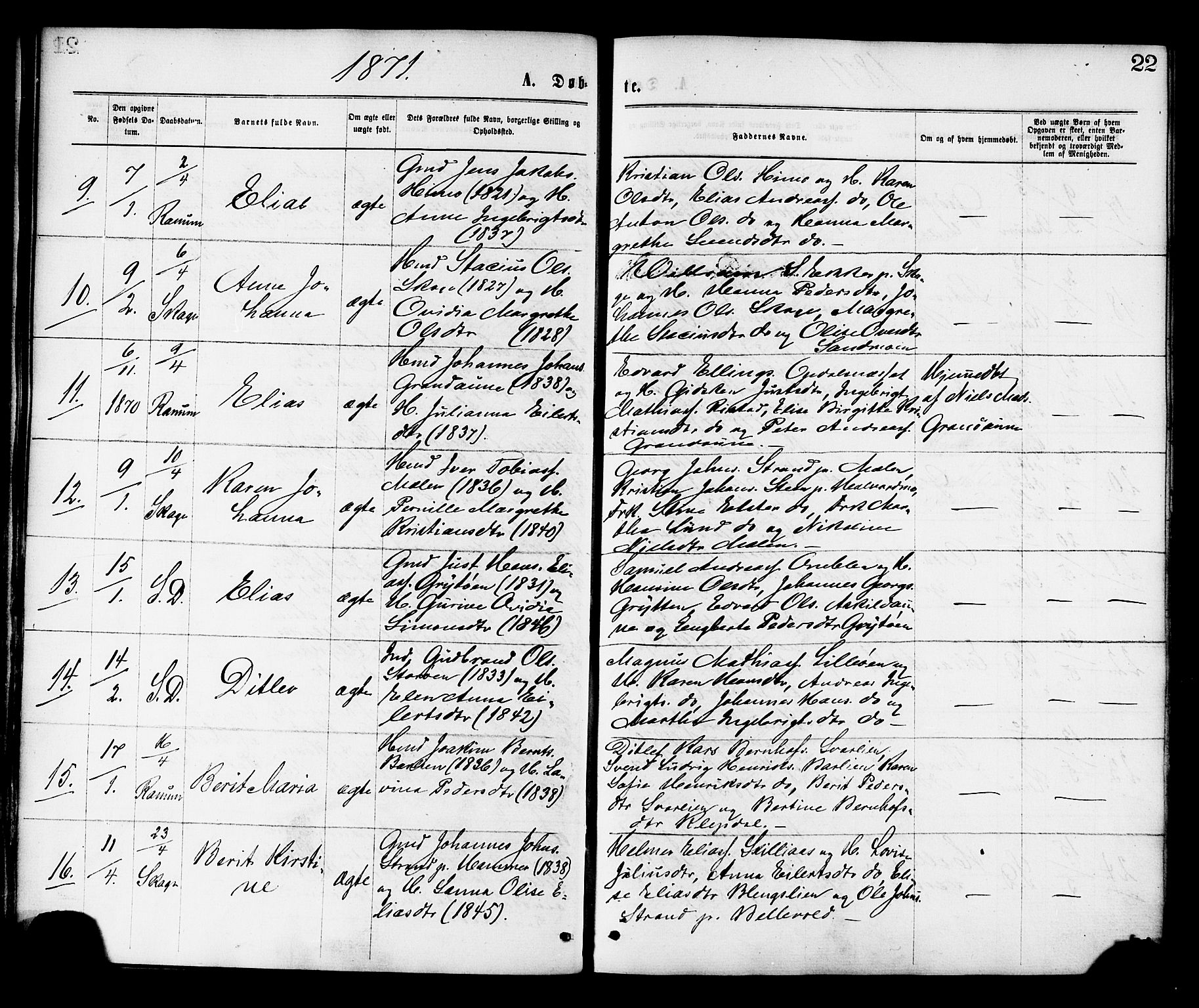 Ministerialprotokoller, klokkerbøker og fødselsregistre - Nord-Trøndelag, SAT/A-1458/764/L0554: Parish register (official) no. 764A09, 1867-1880, p. 22