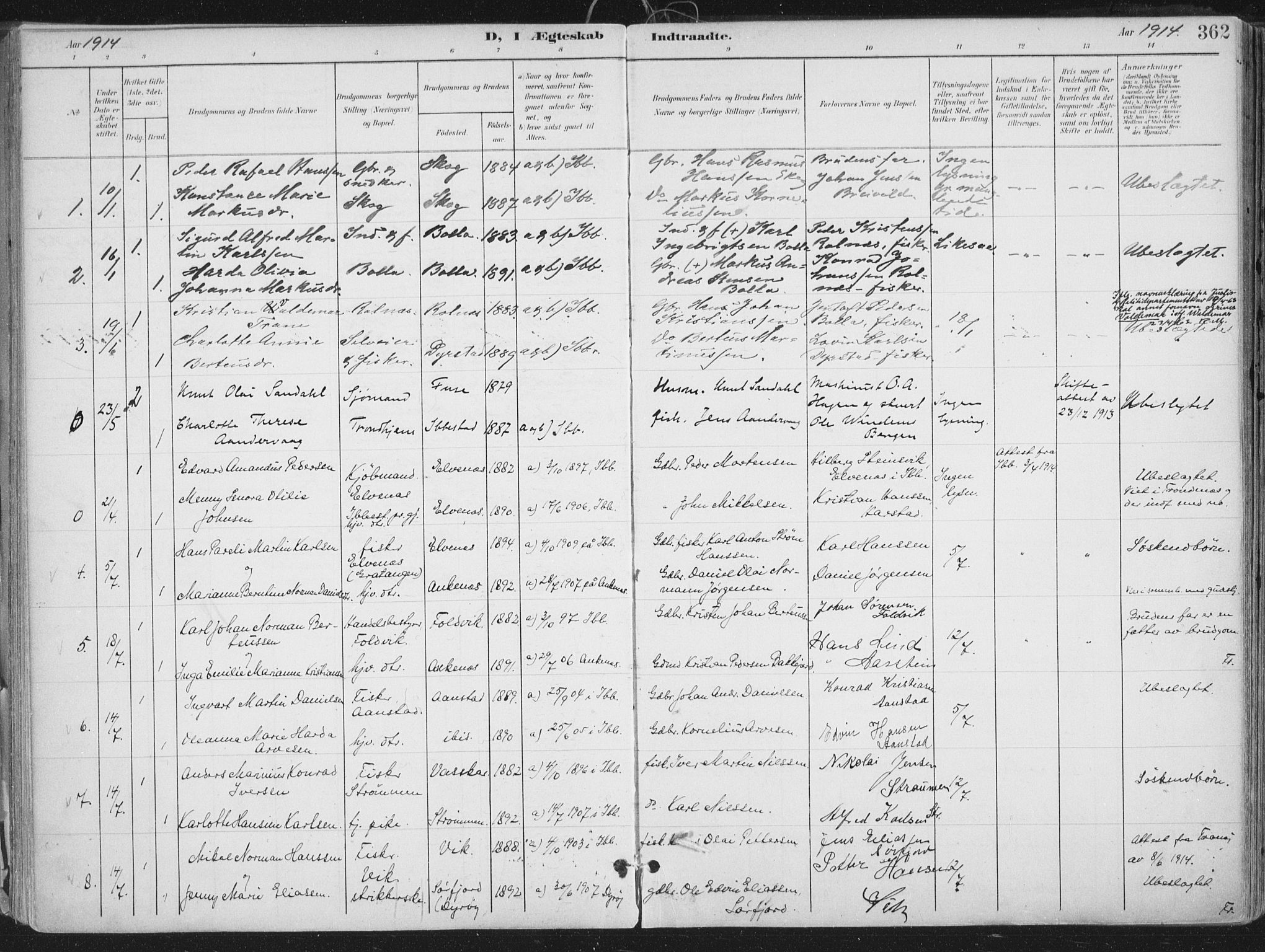 Ibestad sokneprestembete, SATØ/S-0077/H/Ha/Haa/L0017kirke: Parish register (official) no. 17, 1901-1914, p. 362