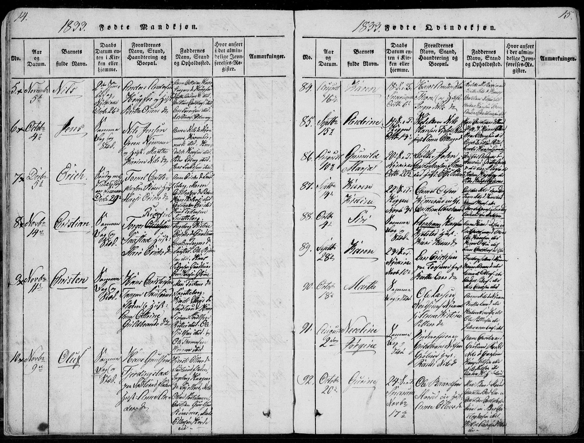 Modum kirkebøker, AV/SAKO-A-234/F/Fa/L0006: Parish register (official) no. 6, 1832-1841, p. 14-15