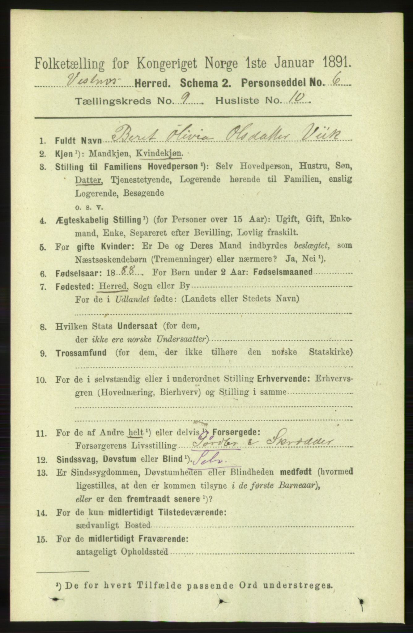 RA, 1891 census for 1535 Vestnes, 1891, p. 3422