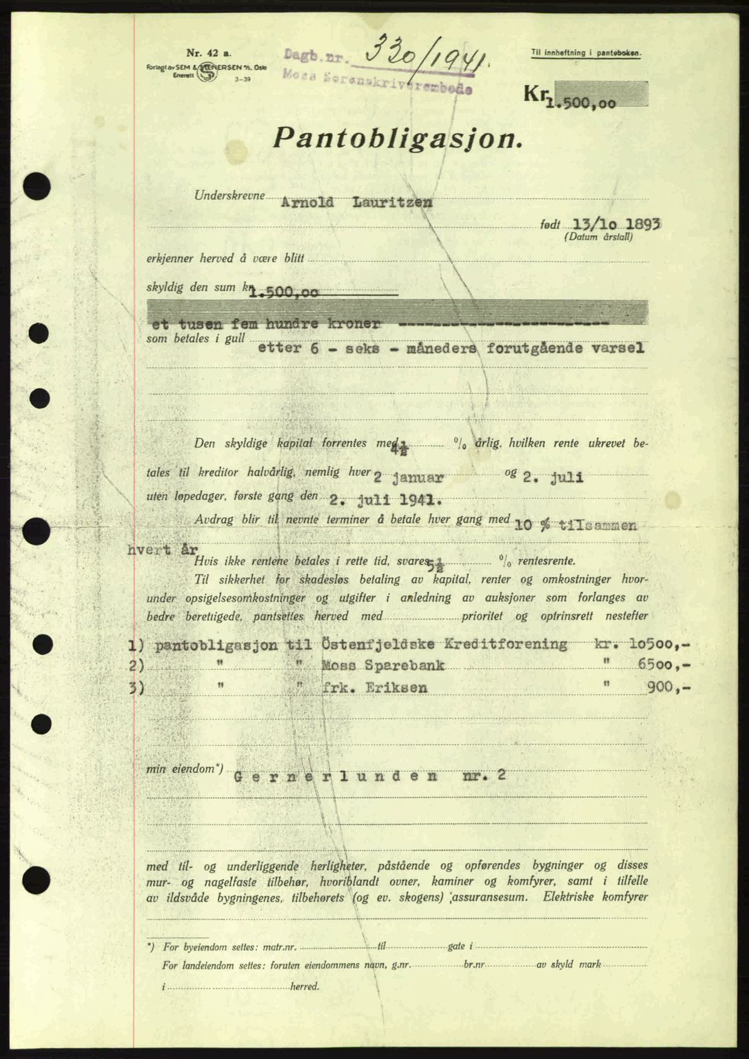 Moss sorenskriveri, SAO/A-10168: Mortgage book no. B10, 1940-1941, Diary no: : 330/1941