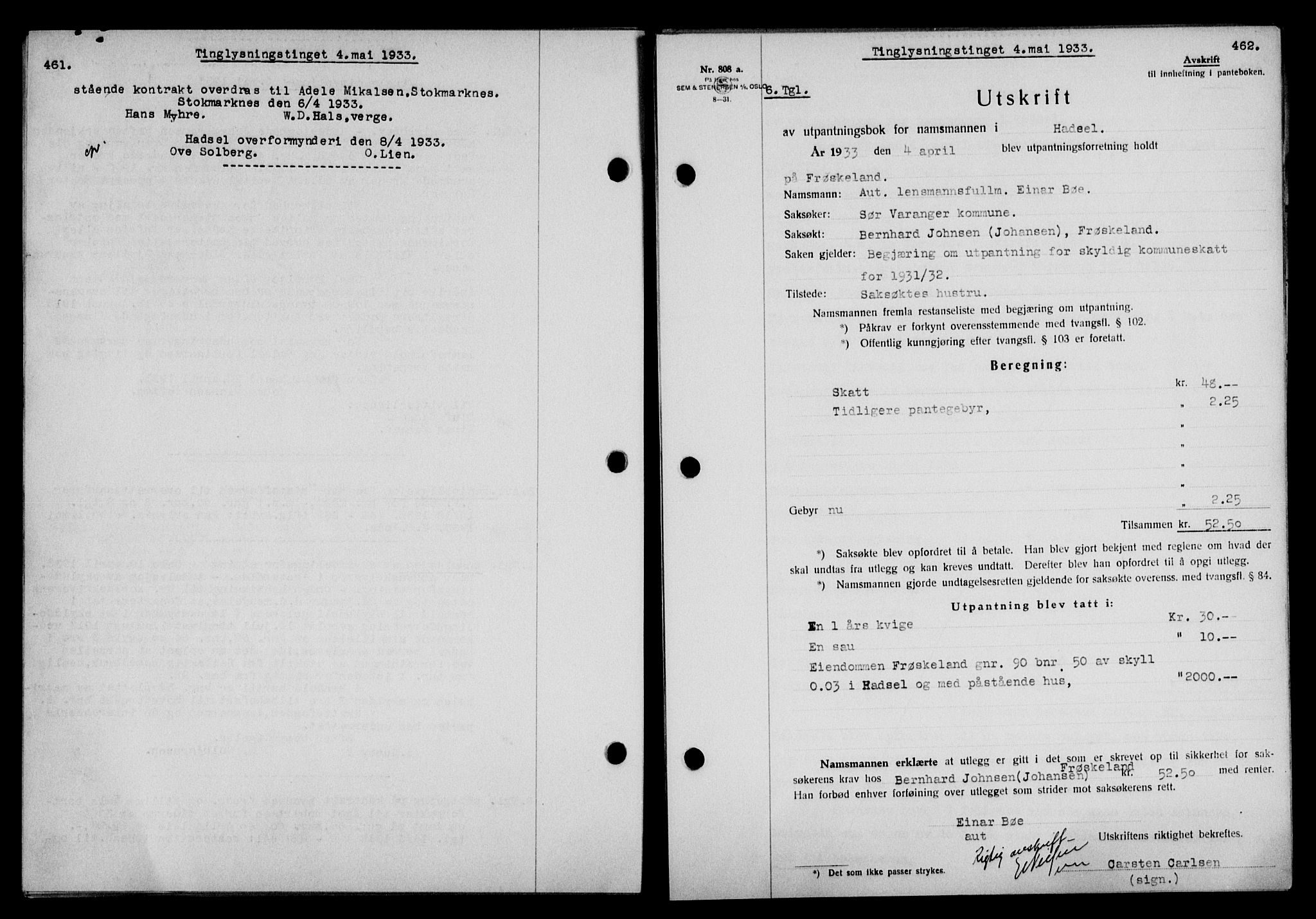 Vesterålen sorenskriveri, SAT/A-4180/1/2/2Ca/L0057: Mortgage book no. 50, 1933-1933, Deed date: 04.05.1933