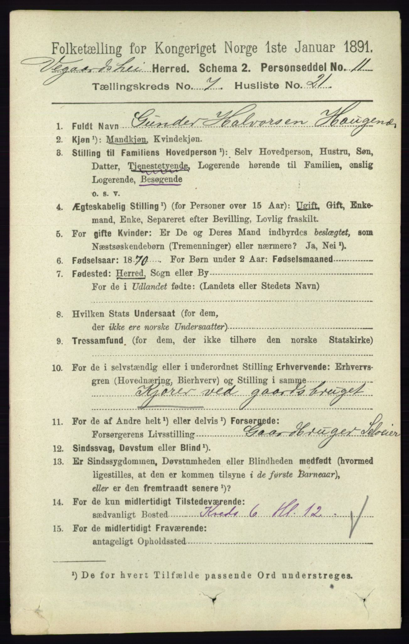 RA, 1891 census for 0912 Vegårshei, 1891, p. 1487