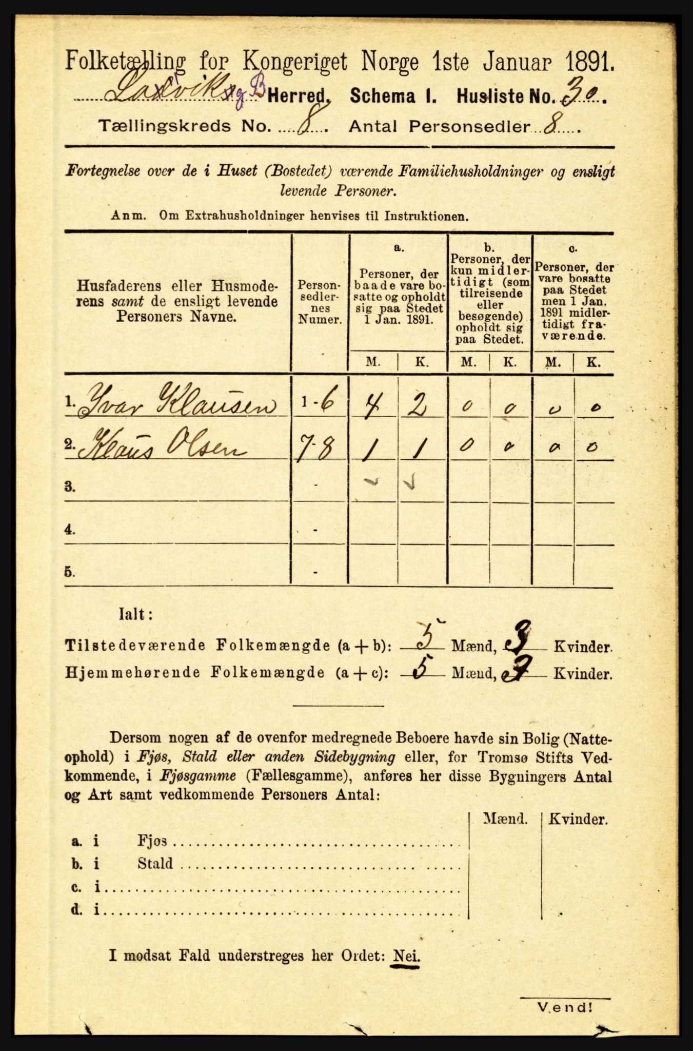 RA, 1891 census for 1415 Lavik og Brekke, 1891, p. 1492