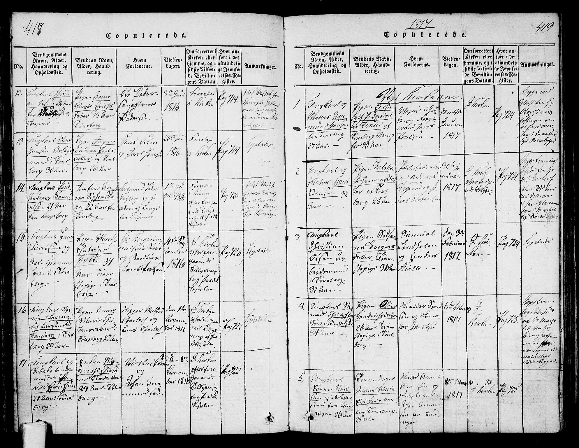 Tønsberg kirkebøker, AV/SAKO-A-330/F/Fa/L0004: Parish register (official) no. I 4, 1813-1826, p. 418-419