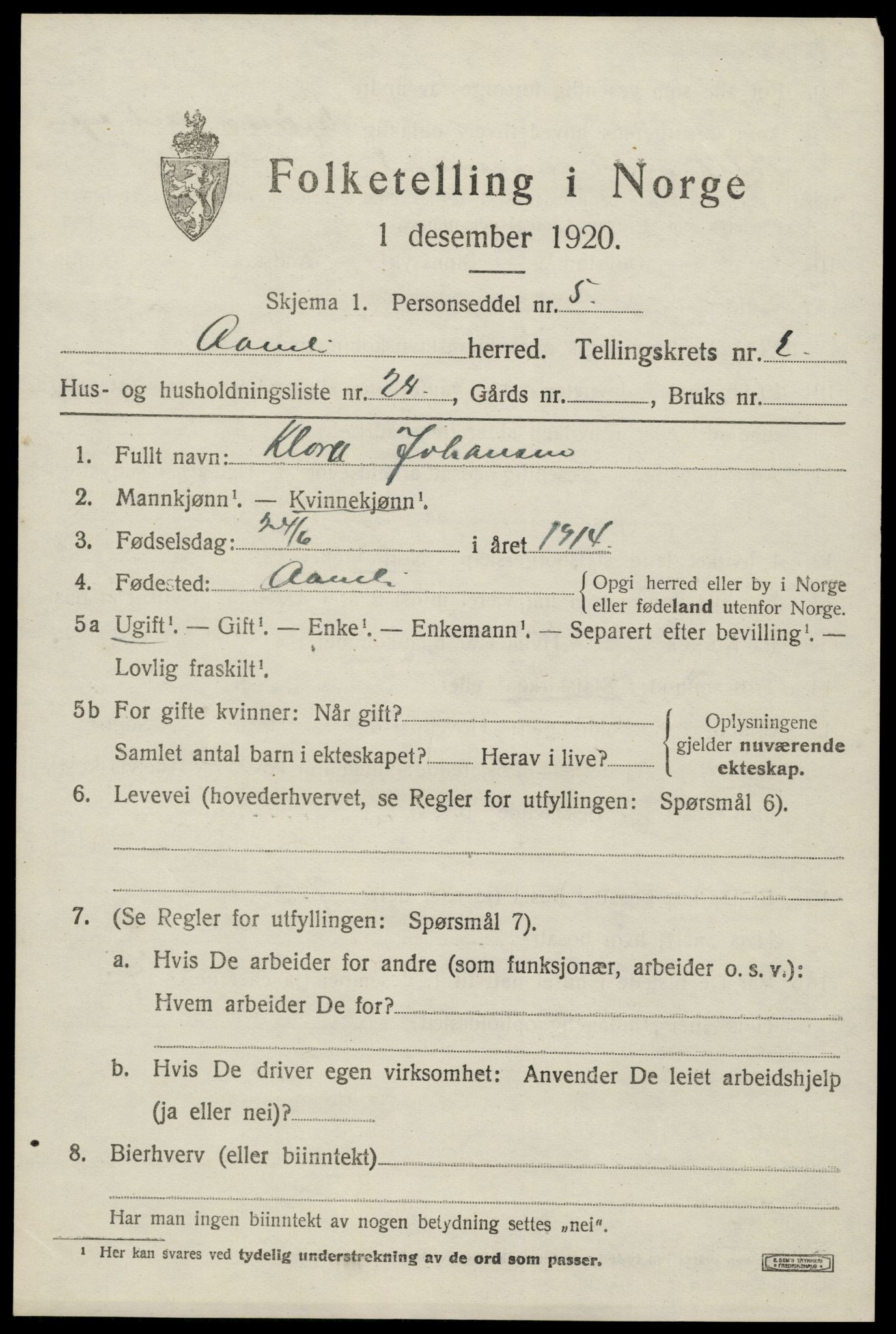 SAK, 1920 census for Åmli, 1920, p. 1247