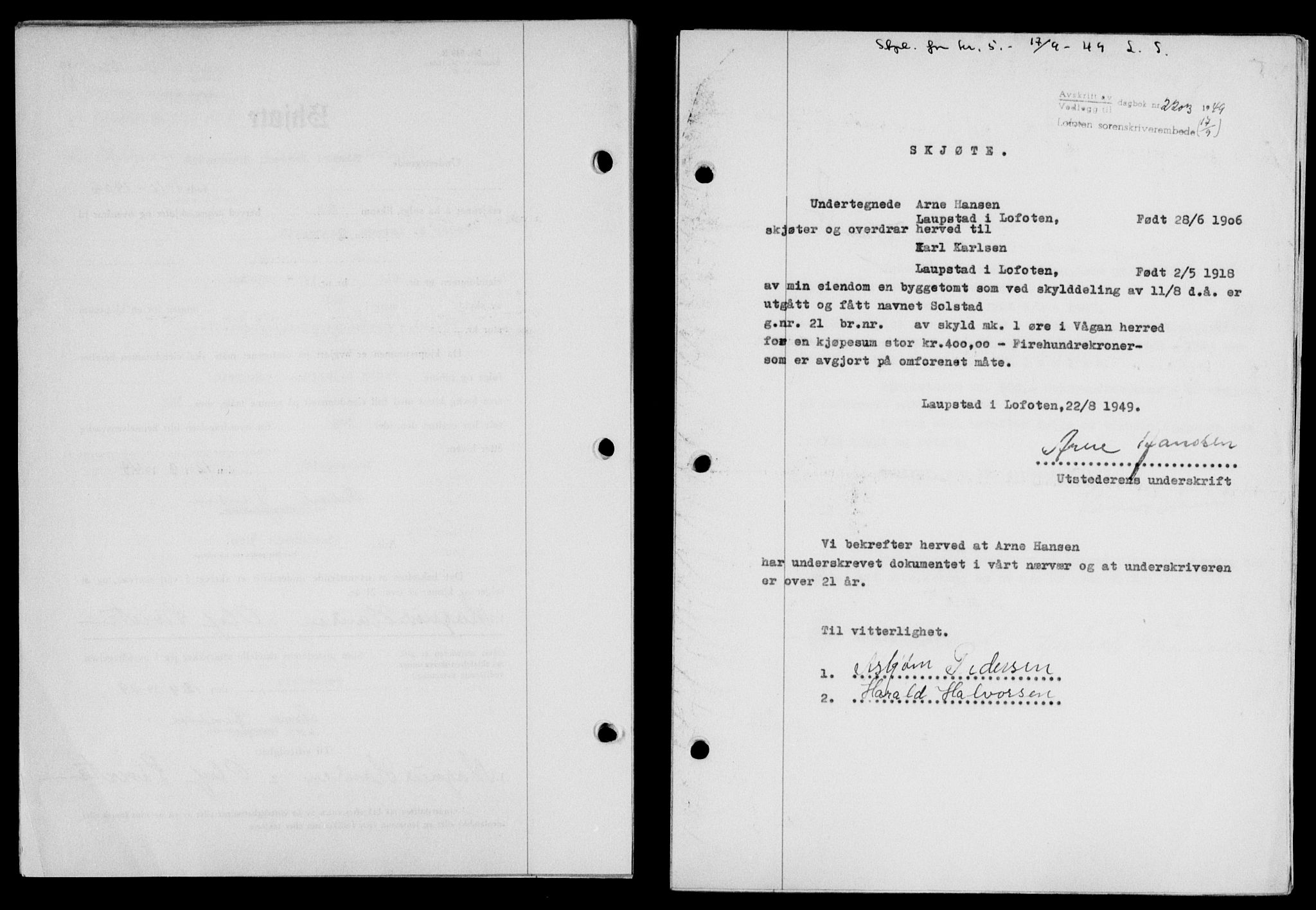 Lofoten sorenskriveri, SAT/A-0017/1/2/2C/L0021a: Mortgage book no. 21a, 1949-1949, Diary no: : 2203/1949