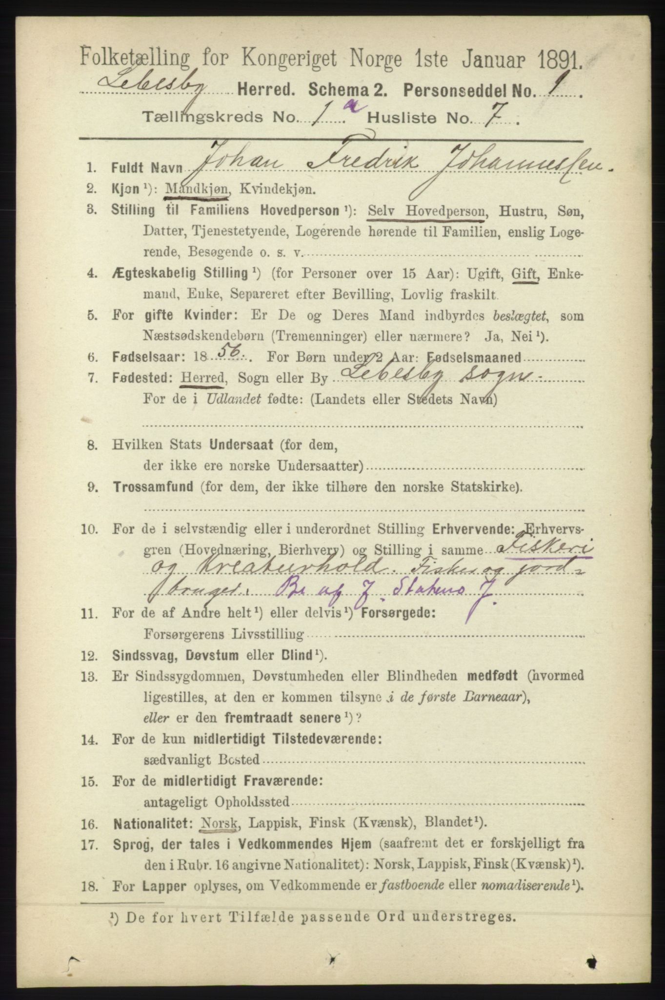 RA, 1891 census for 2022 Lebesby, 1891, p. 74