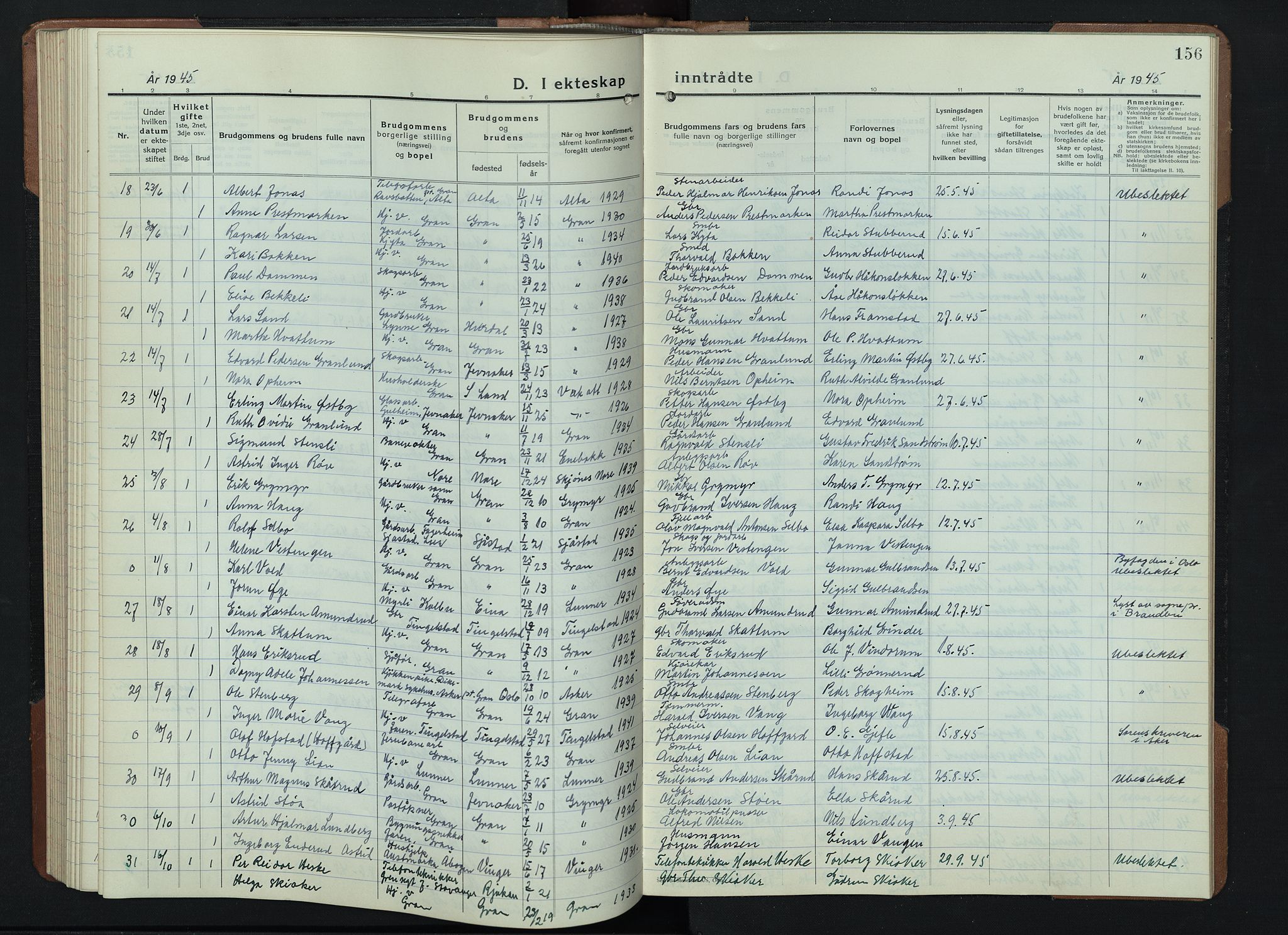 Gran prestekontor, SAH/PREST-112/H/Ha/Hab/L0009: Parish register (copy) no. 9, 1933-1950, p. 156