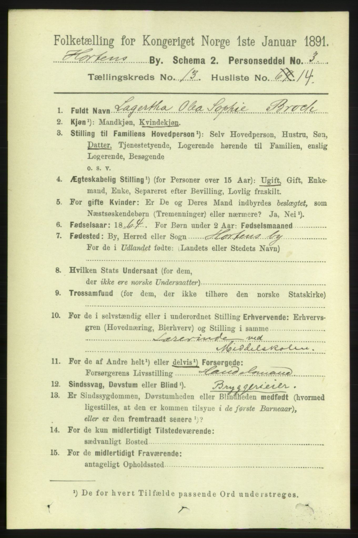 RA, 1891 census for 0703 Horten, 1891, p. 8488