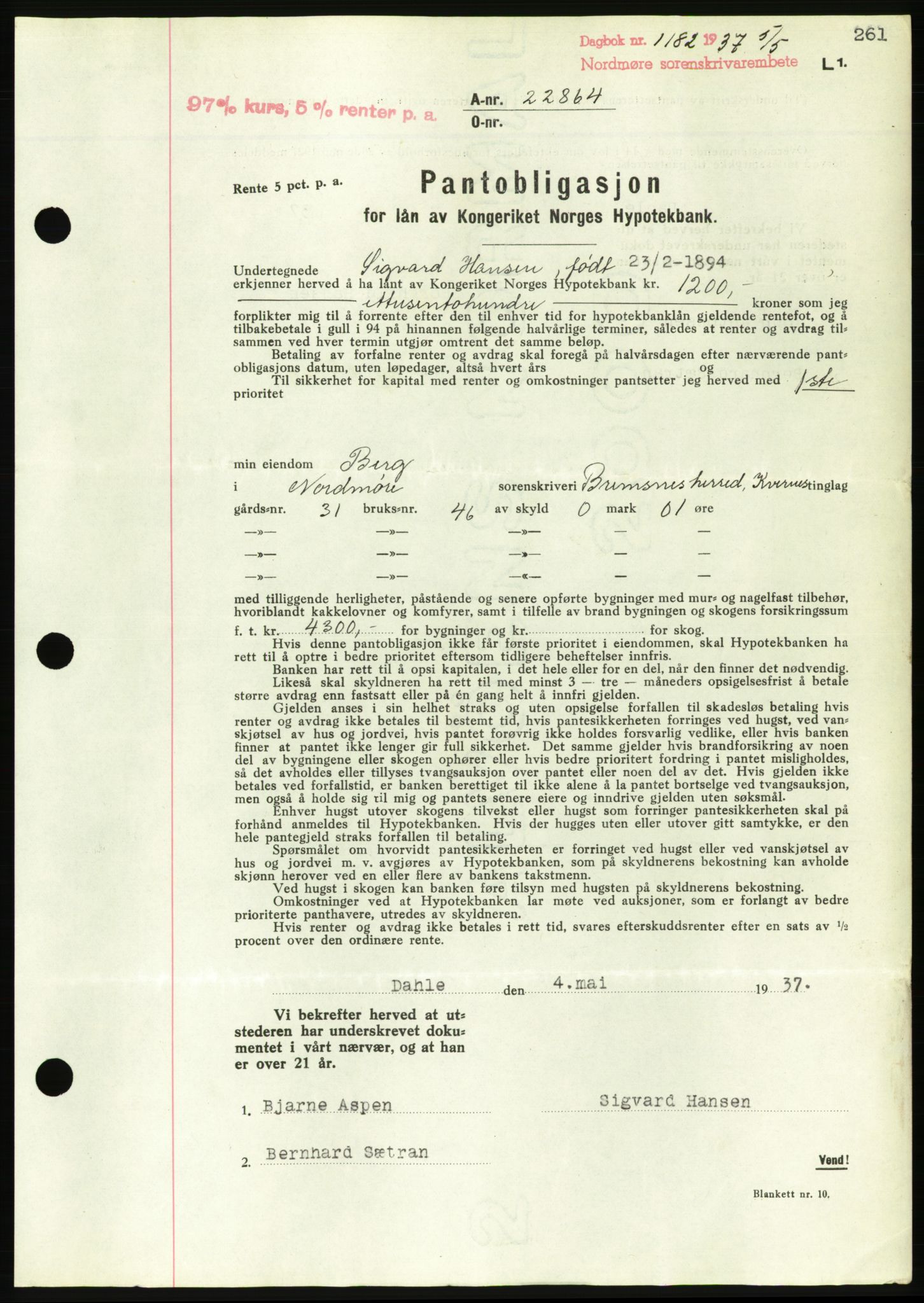 Nordmøre sorenskriveri, AV/SAT-A-4132/1/2/2Ca/L0091: Mortgage book no. B81, 1937-1937, Diary no: : 1182/1937