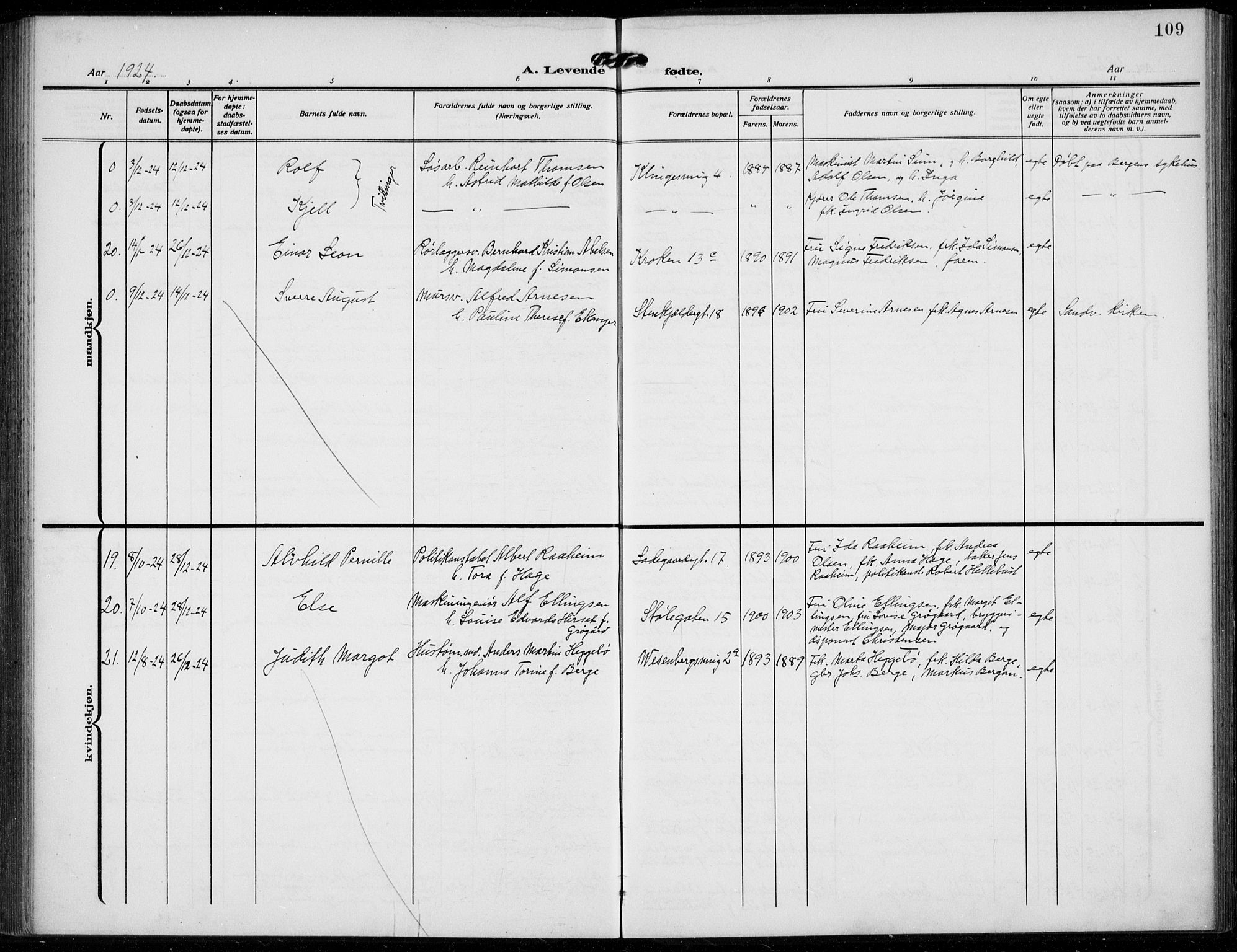 Mariakirken Sokneprestembete, AV/SAB-A-76901/H/Hab/L0006: Parish register (copy) no. A 6, 1909-1939, p. 109