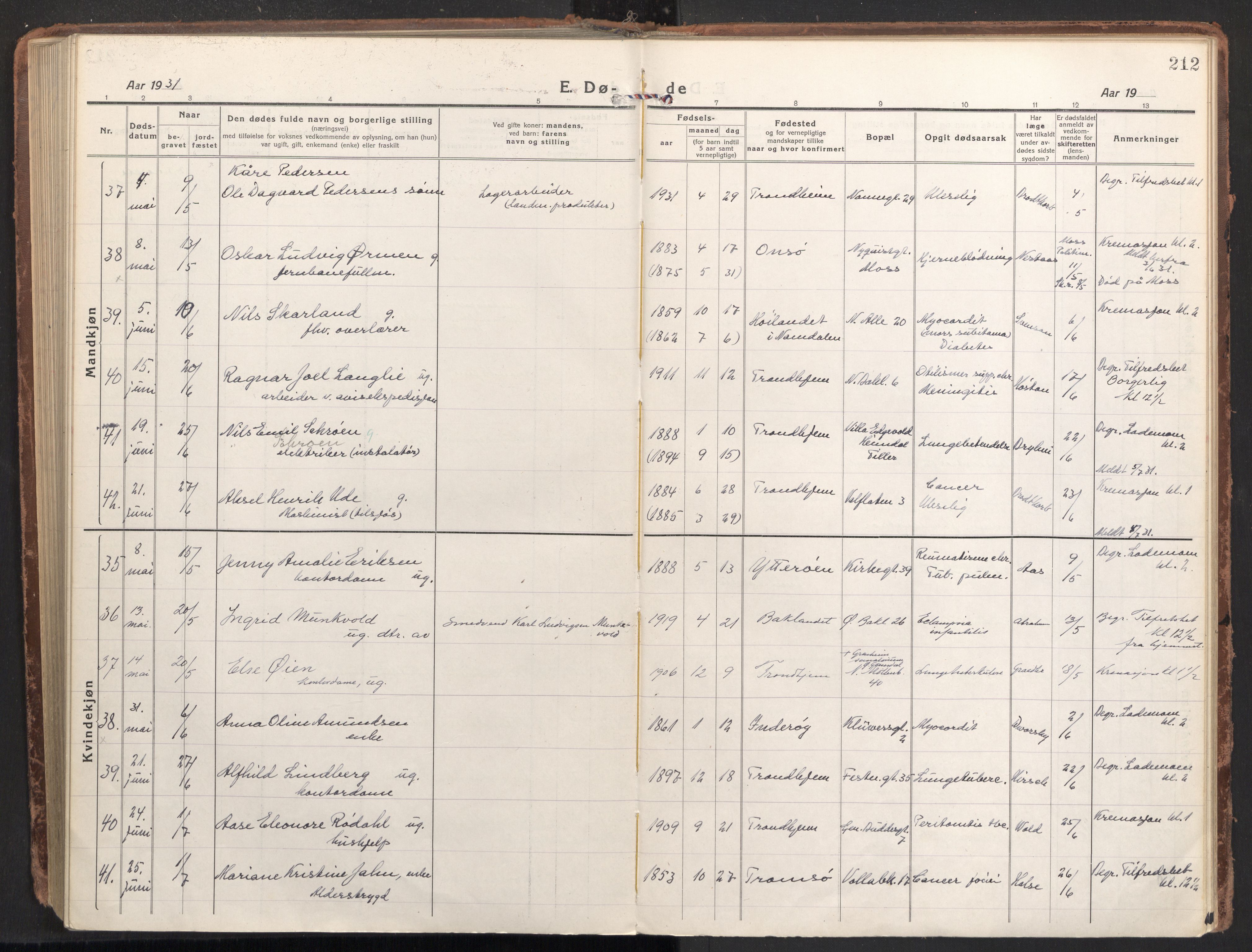 Ministerialprotokoller, klokkerbøker og fødselsregistre - Sør-Trøndelag, AV/SAT-A-1456/604/L0207: Parish register (official) no. 604A27, 1917-1933, p. 212