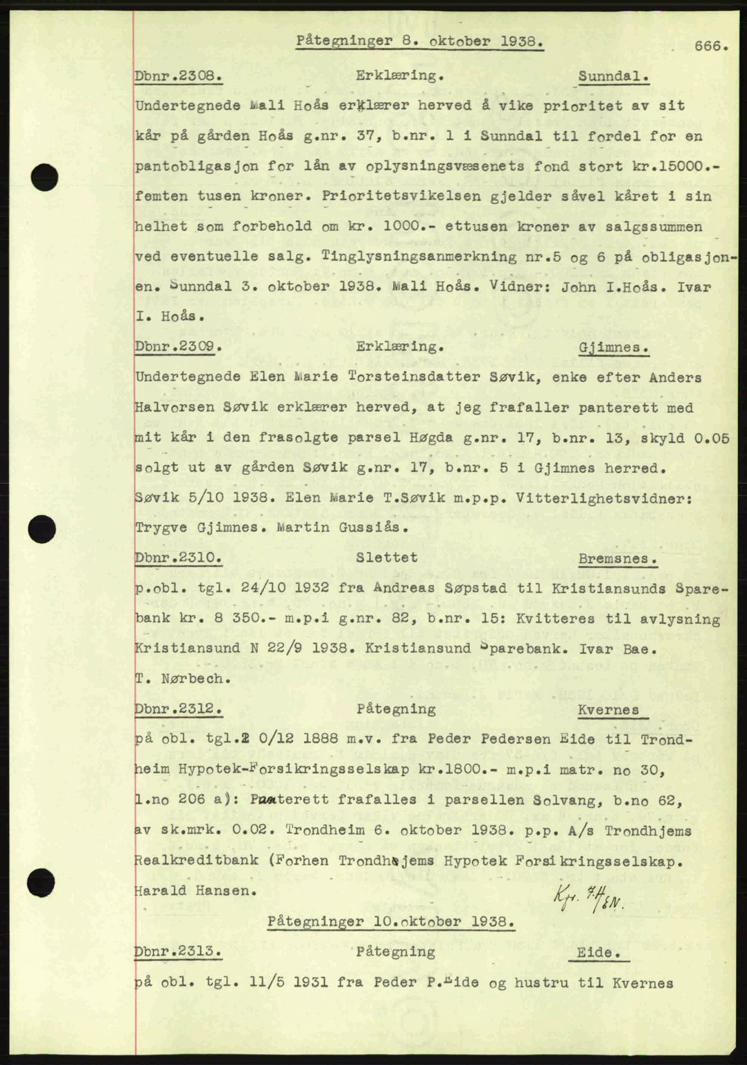 Nordmøre sorenskriveri, AV/SAT-A-4132/1/2/2Ca: Mortgage book no. C80, 1936-1939, Diary no: : 2308/1938