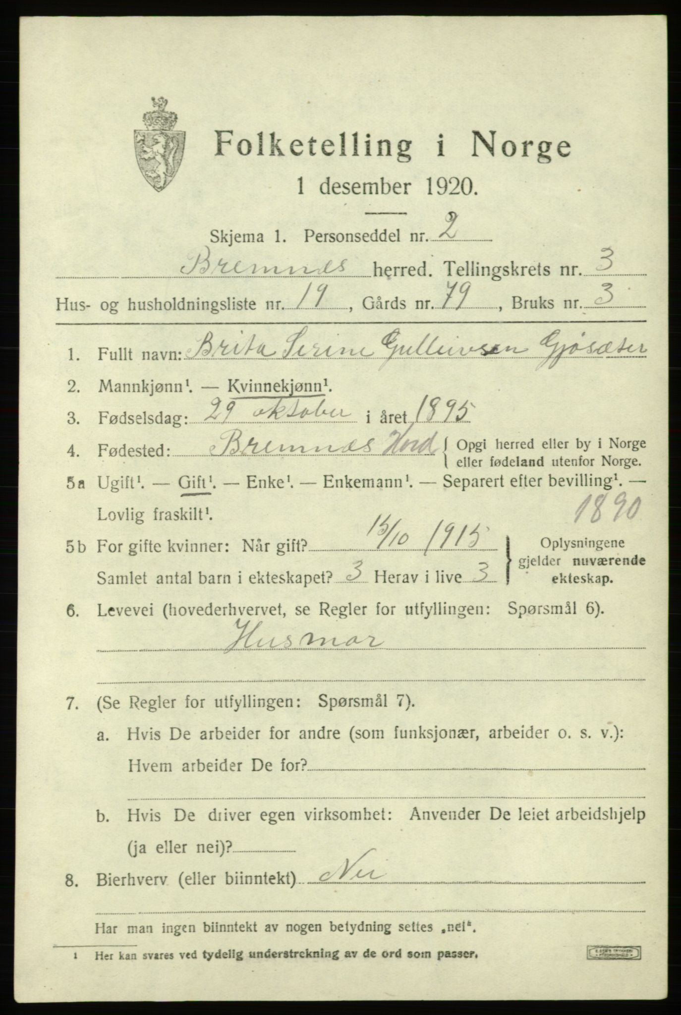 SAB, 1920 census for Bremnes, 1920, p. 1790