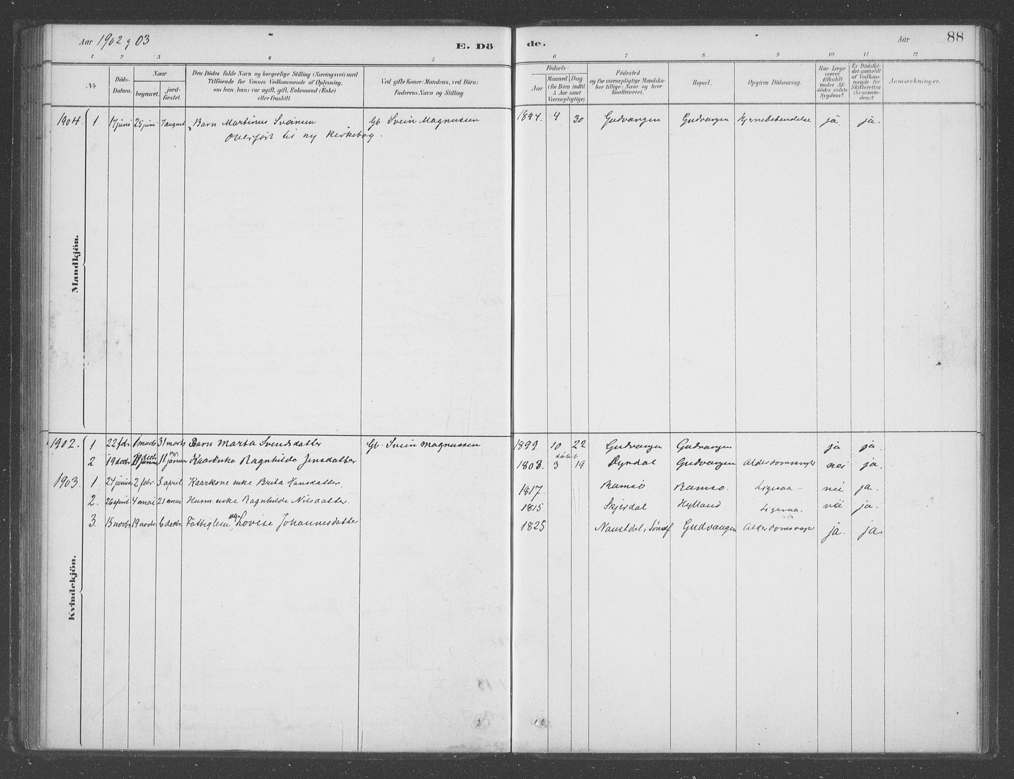 Aurland sokneprestembete, SAB/A-99937/H/Ha/Had/L0001: Parish register (official) no. D  1, 1880-1903, p. 88