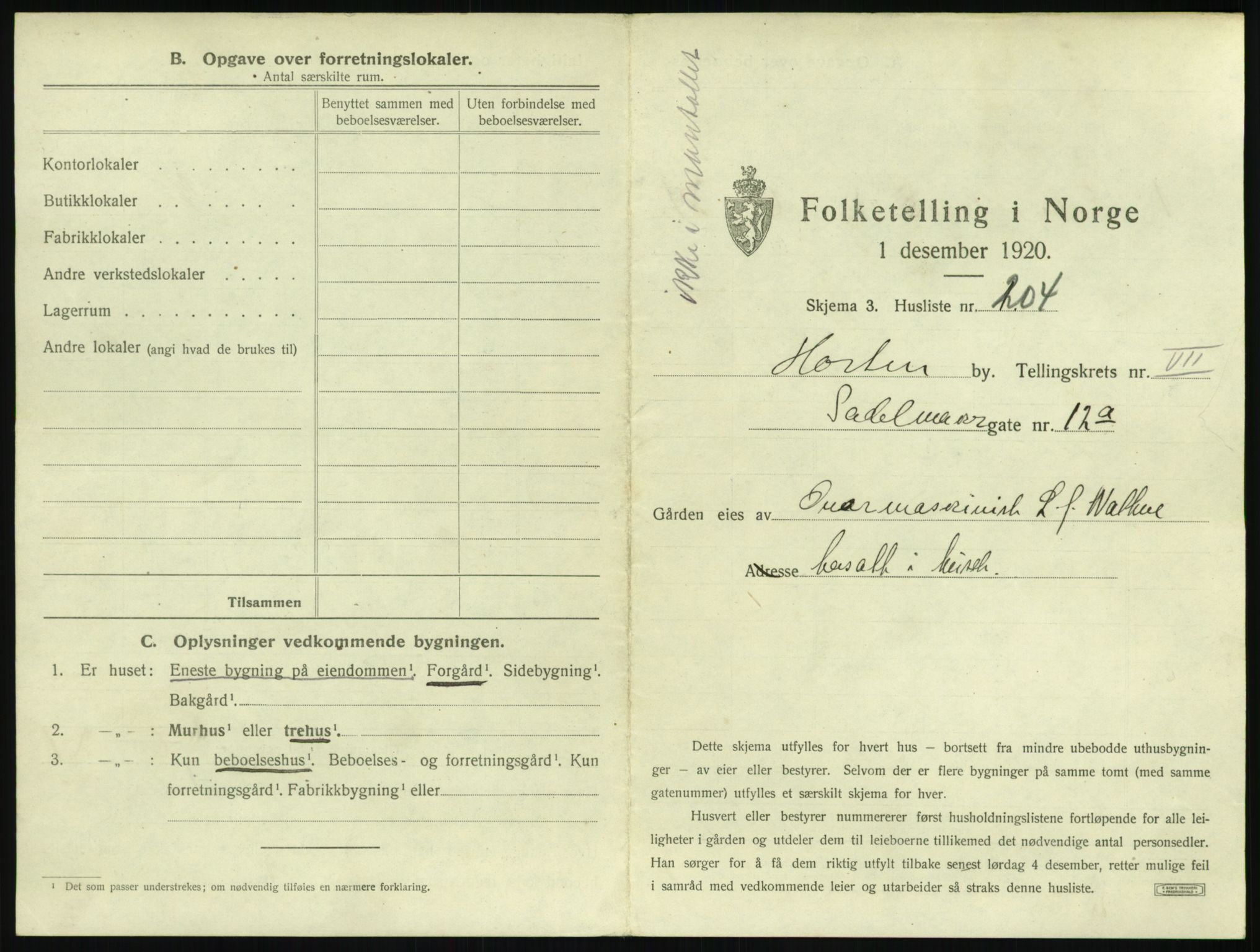 SAKO, 1920 census for Horten, 1920, p. 2805