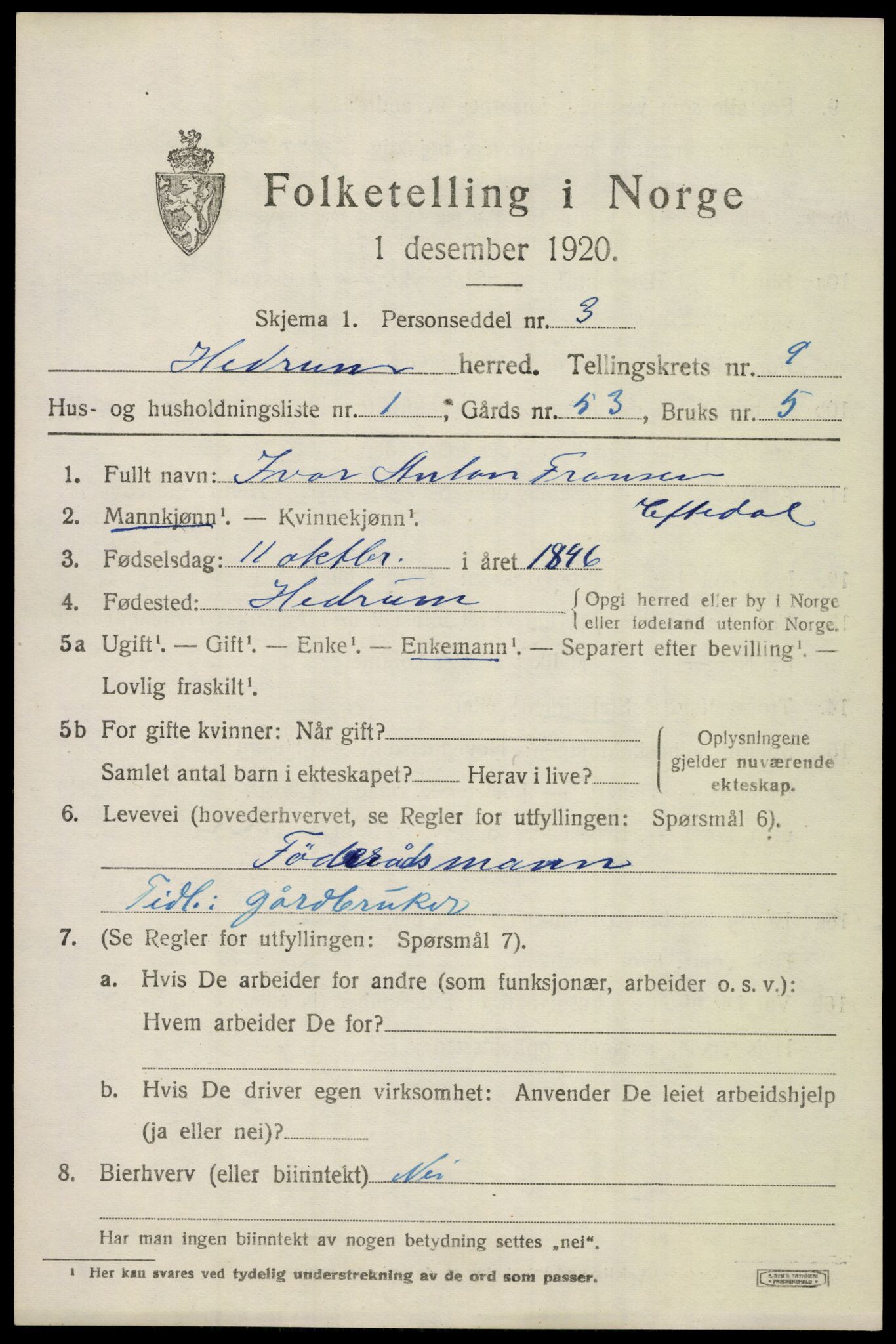 SAKO, 1920 census for Hedrum, 1920, p. 6807