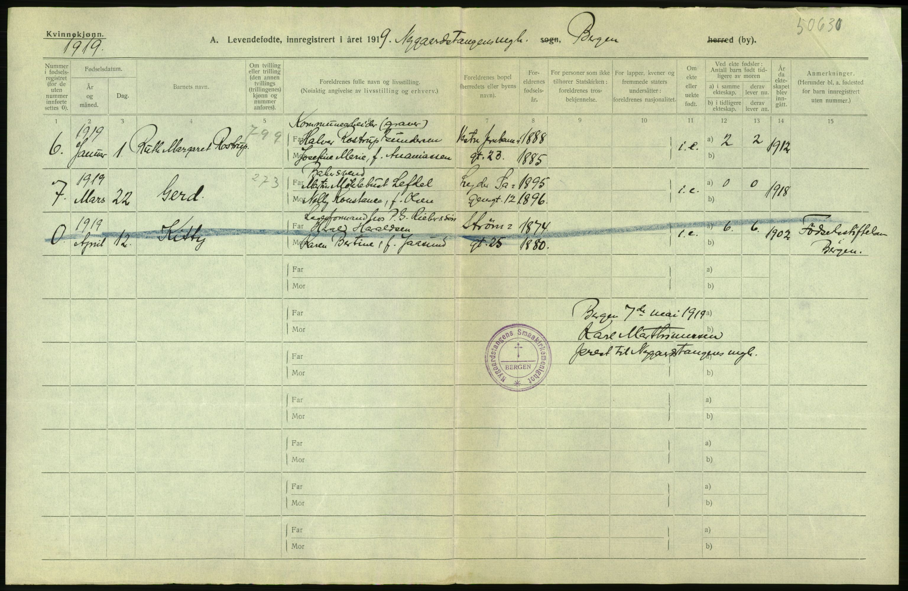 Statistisk sentralbyrå, Sosiodemografiske emner, Befolkning, AV/RA-S-2228/D/Df/Dfb/Dfbi/L0034: Bergen: Levendefødte menn og kvinner., 1919, p. 8